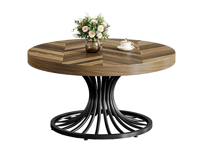 Mesa de centro redonda de madera, mesa de centro circular de 80 cm con pedestal de metal, mesa de centro industrial única, mesa de centro pequeña para sala de estar
