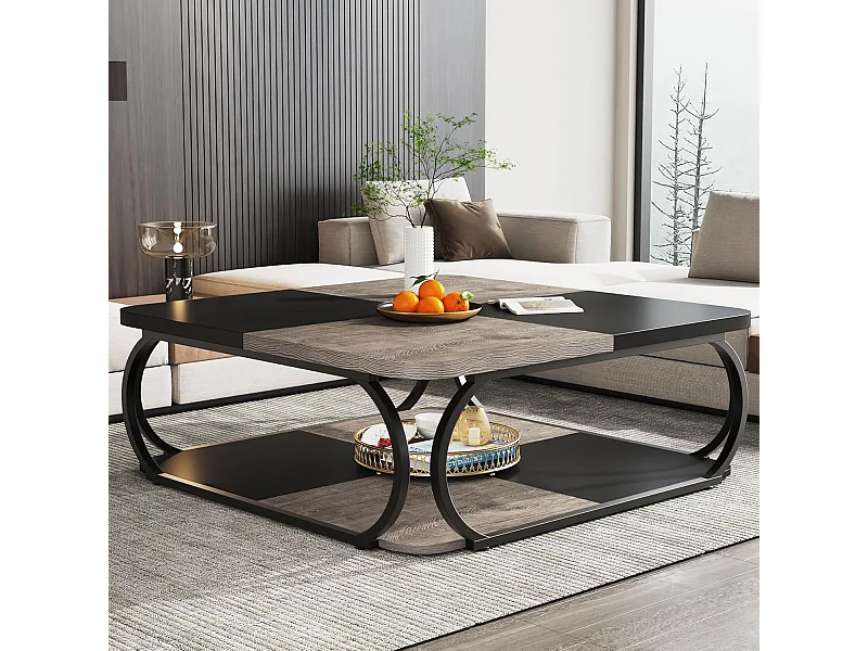 Table basse avec étagère de rangement ouverte pour le salon, 100cm Large Wood Center Table Square Low Coffee Tables 2 Tiers