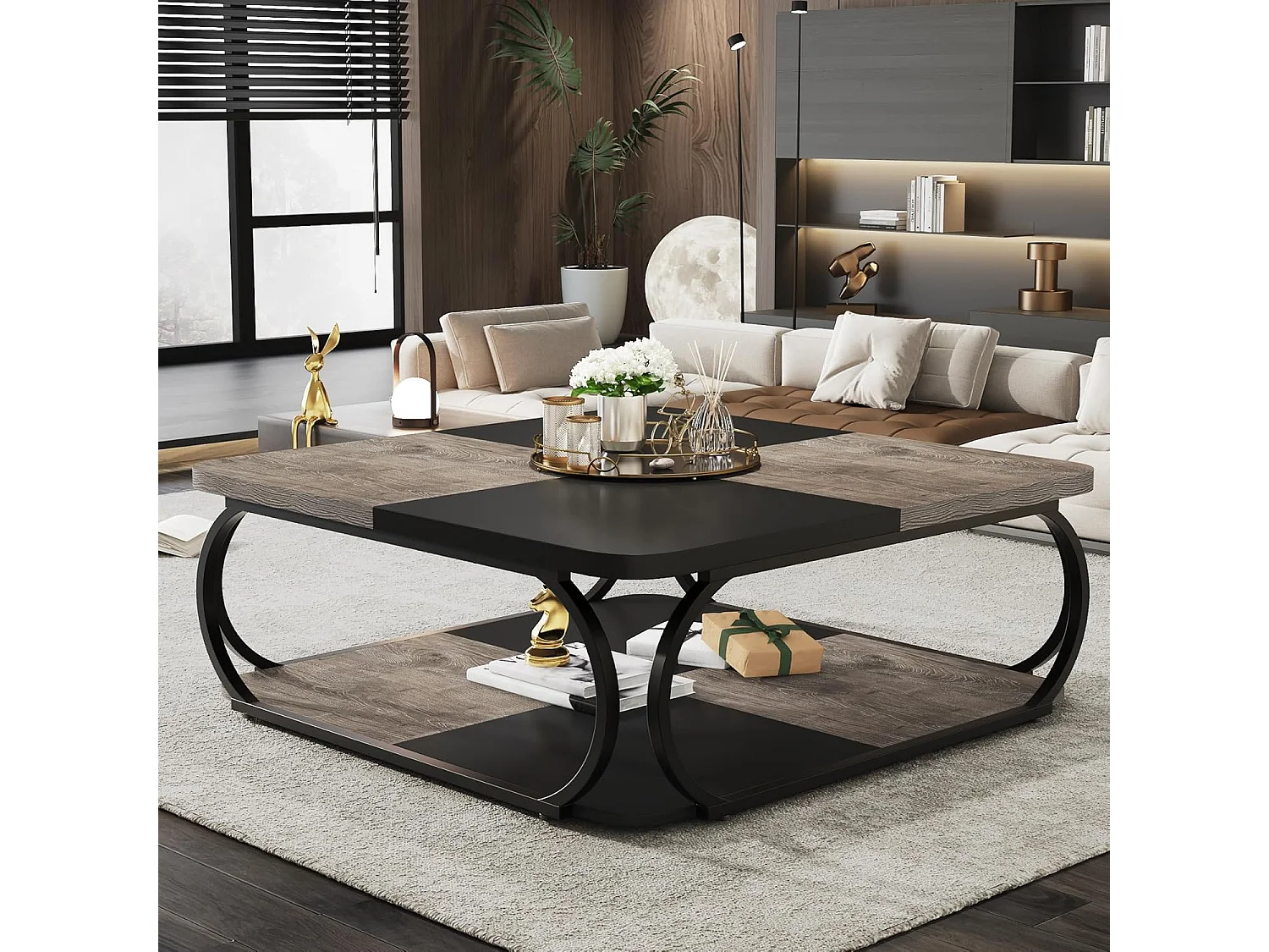 Table basse avec étagère de rangement ouverte pour le salon, 100cm Large Wood Center Table Square Low Coffee Tables 2 Tiers