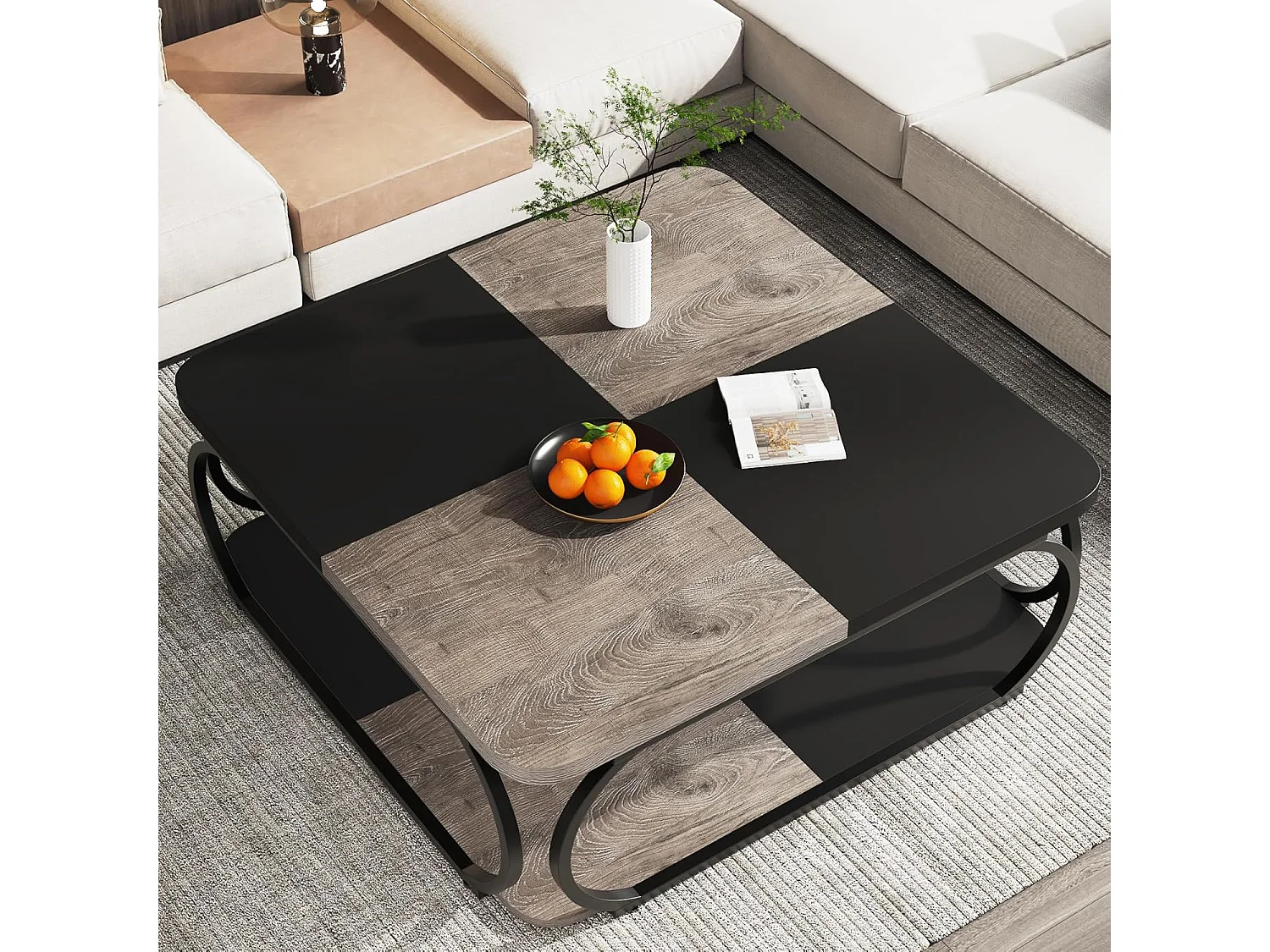 Table basse avec étagère de rangement ouverte pour le salon, 100cm Large Wood Center Table Square Low Coffee Tables 2 Tiers