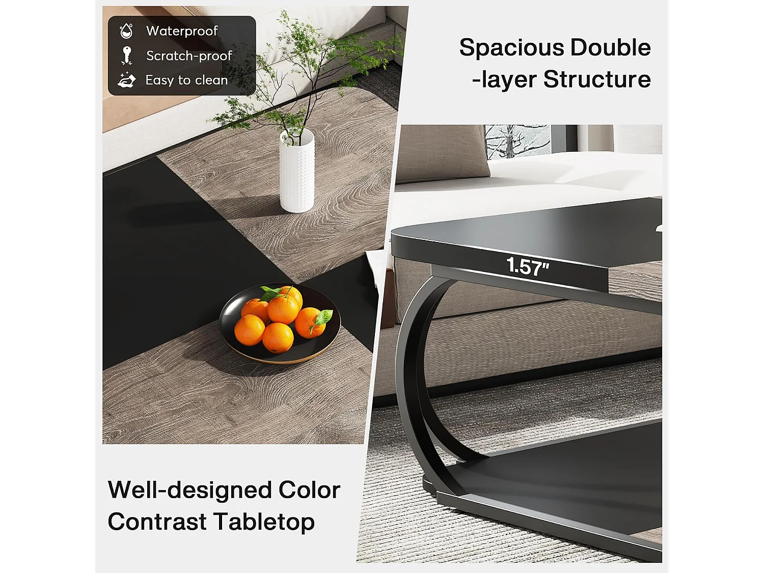 Table basse avec étagère de rangement ouverte pour le salon, 100cm Large Wood Center Table Square Low Coffee Tables 2 Tiers