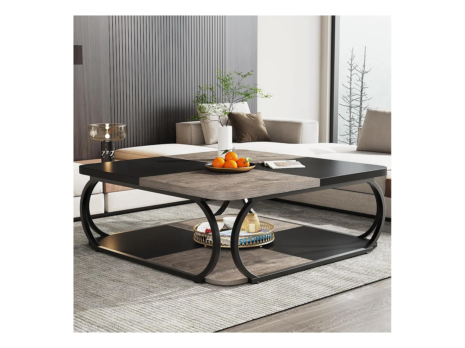 Table basse avec étagère de rangement ouverte pour le salon, 100cm Large Wood Center Table Square Low Coffee Tables 2 Tiers