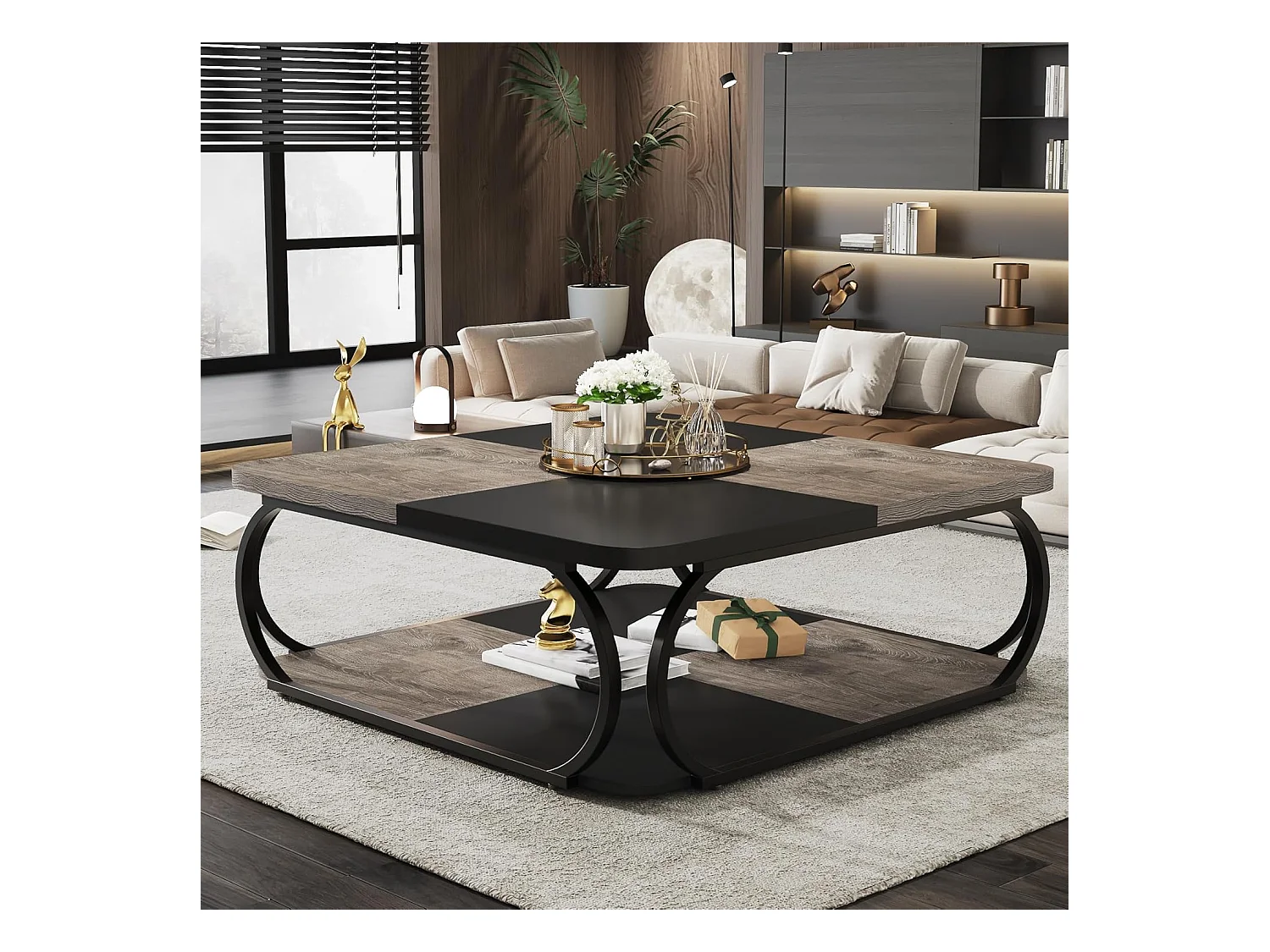 Table basse avec étagère de rangement ouverte pour le salon, 100cm Large Wood Center Table Square Low Coffee Tables 2 Tiers