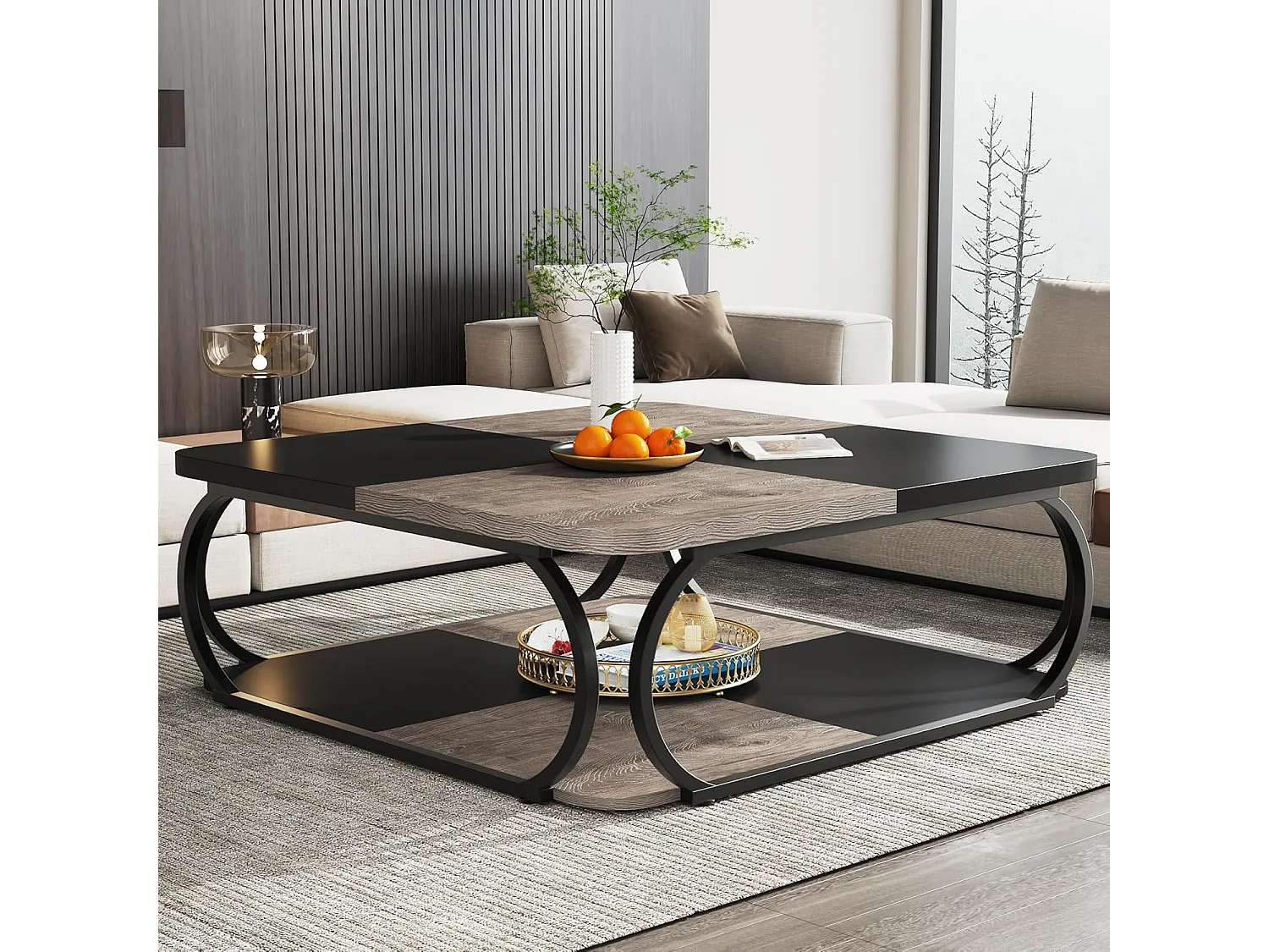 Table basse avec étagère de rangement ouverte pour le salon, 100cm Large Wood Center Table Square Low Coffee Tables 2 Tiers