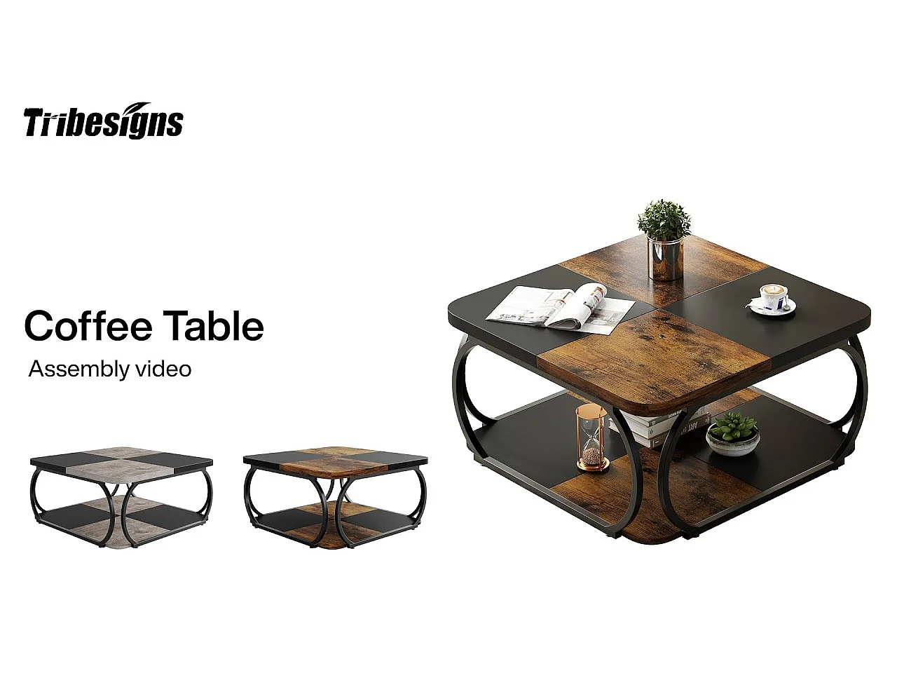 Table basse avec étagère de rangement ouverte pour le salon, 100cm Large Wood Center Table Square Low Coffee Tables 2 Tiers