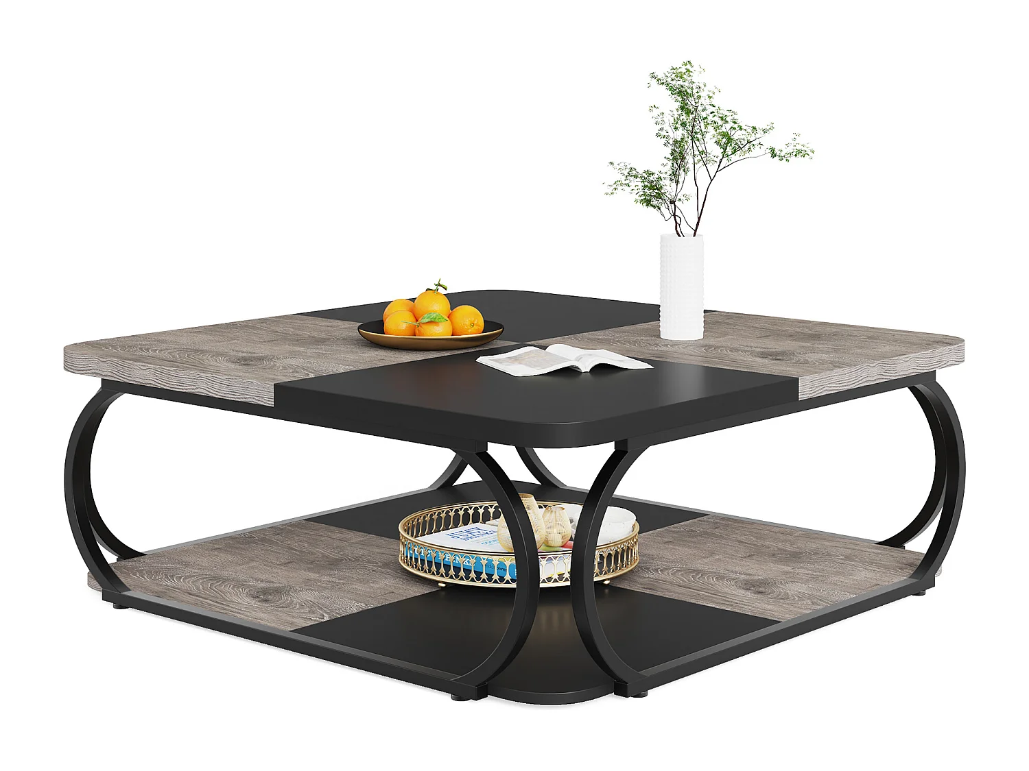 Salontafel met open opbergplank voor de woonkamer, 100 cm grote houten salontafel, vierkante lage salontafels met 2 niveaus