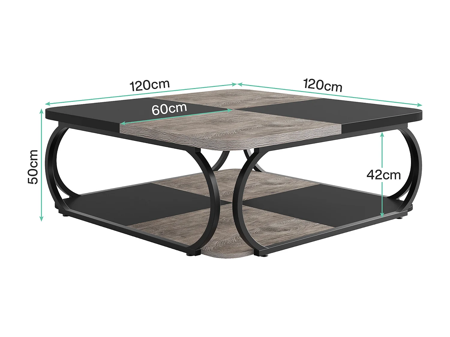 Salontafel met open opbergplank voor de woonkamer, 100 cm grote houten salontafel, vierkante lage salontafels met 2 niveaus