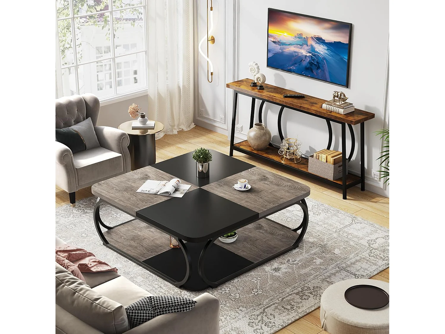Salontafel met open opbergplank voor de woonkamer, 100 cm grote houten salontafel, vierkante lage salontafels met 2 niveaus