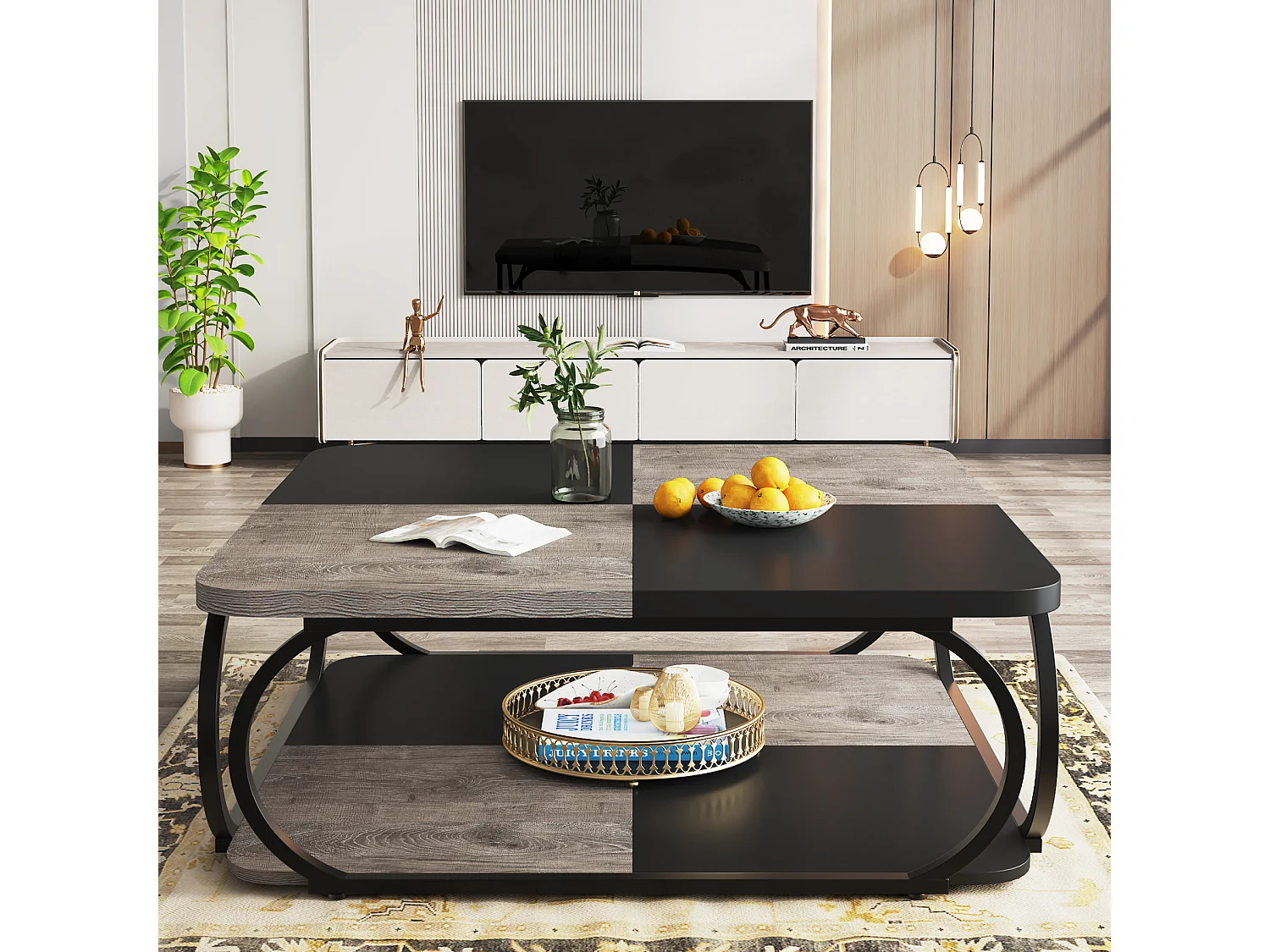Salontafel met open opbergplank voor de woonkamer, 100 cm grote houten salontafel, vierkante lage salontafels met 2 niveaus