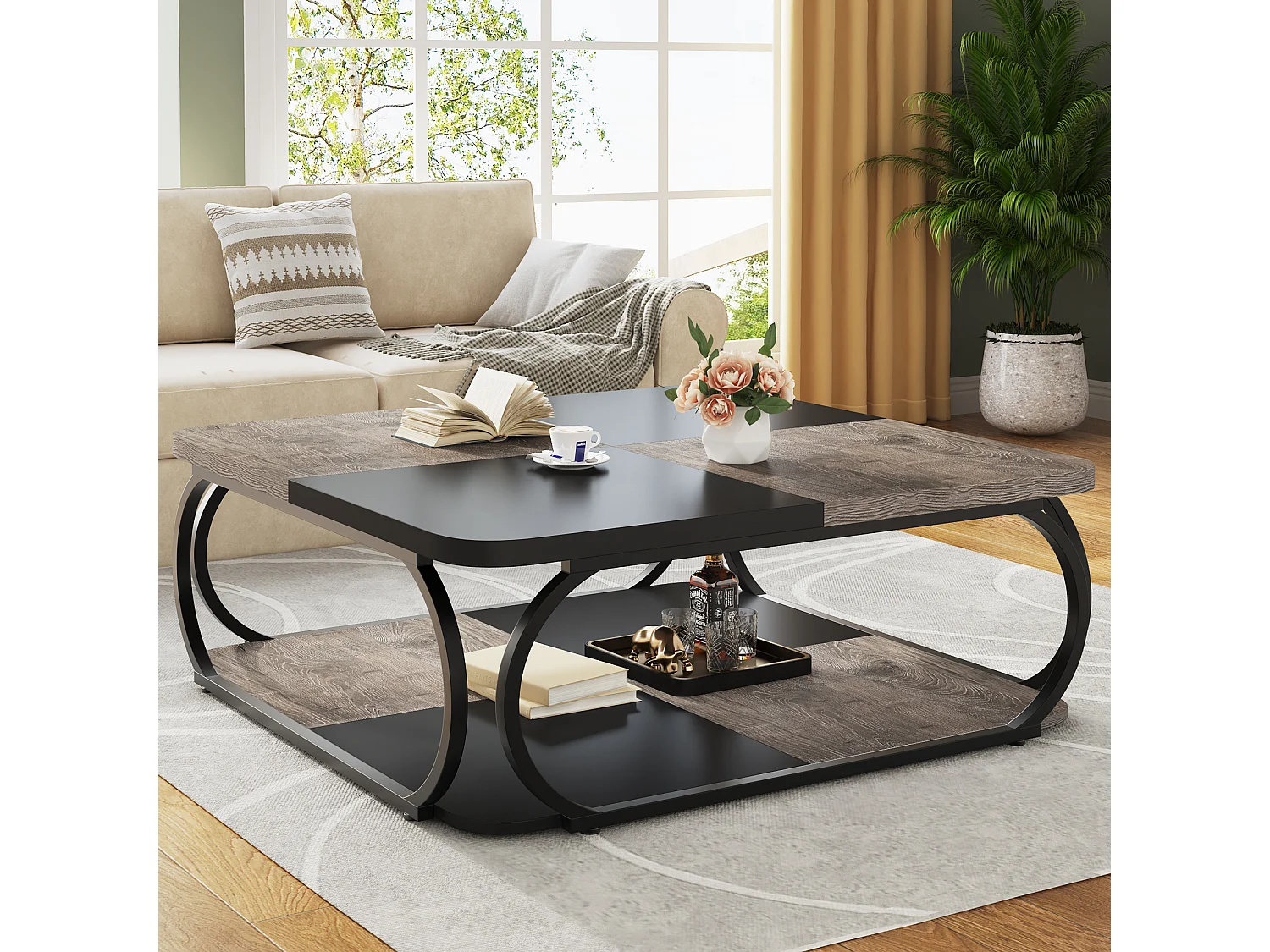 Salontafel met open opbergplank voor de woonkamer, 100 cm grote houten salontafel, vierkante lage salontafels met 2 niveaus