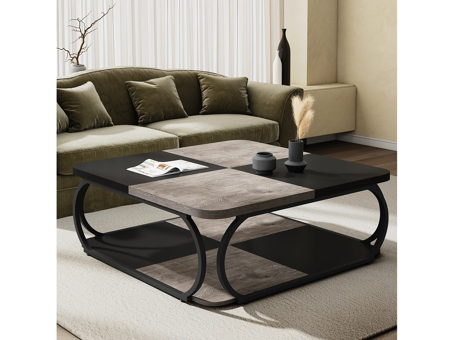 Salontafel met open opbergplank voor de woonkamer, 100 cm grote houten salontafel, vierkante lage salontafels met 2 niveaus
