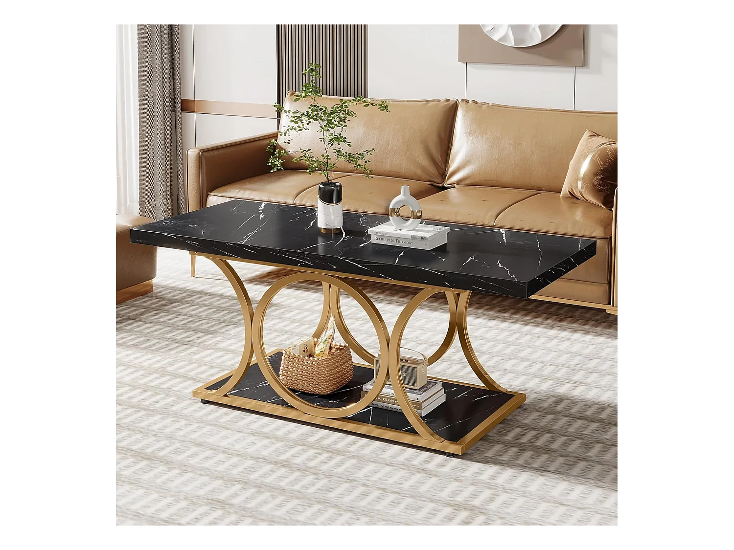 Table basse rectangulaire, table basse moderne de 120 cm pour le salon, table basse à 2 étages en bois de faux marbre avec pieds métalliques géométriques