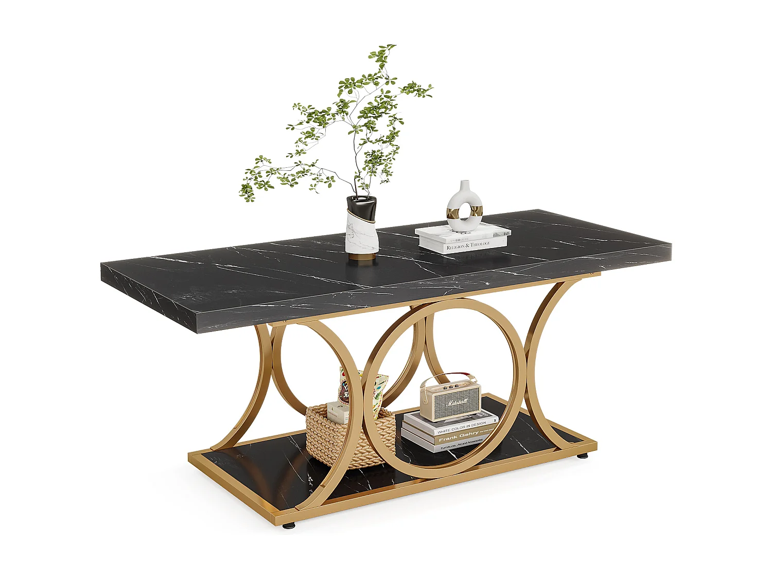 Table basse rectangulaire, table basse moderne de 120 cm pour le salon, table basse à 2 étages en bois de faux marbre avec pieds métalliques géométriques
