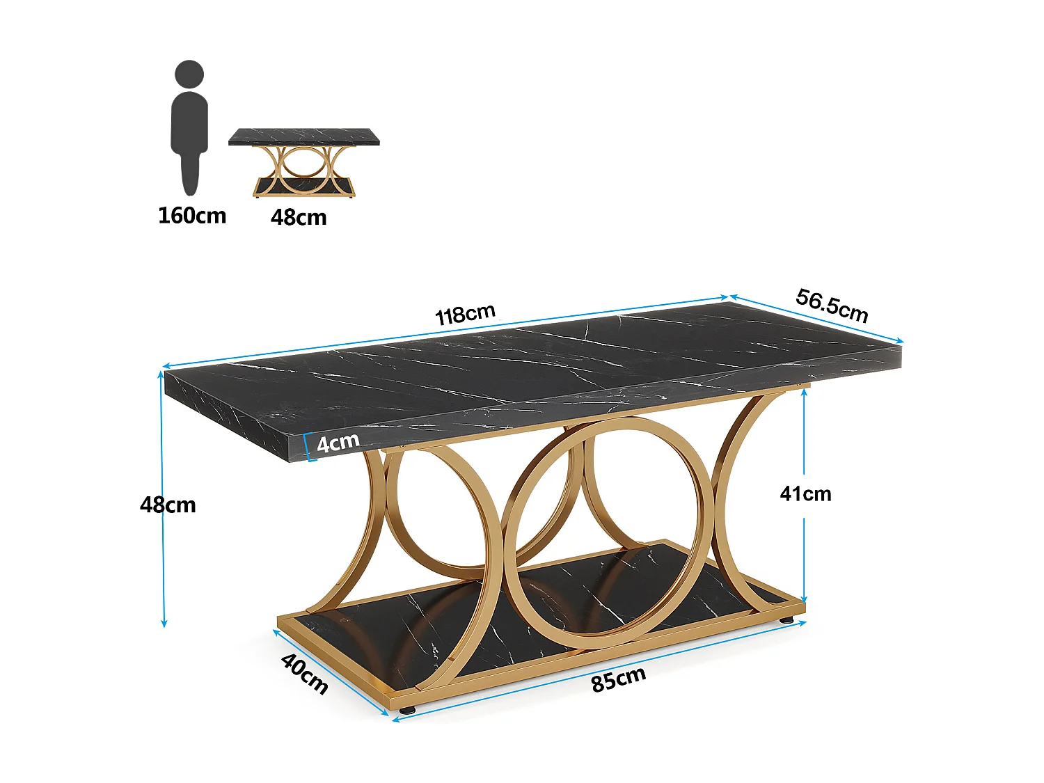 Table basse rectangulaire, table basse moderne de 120 cm pour le salon, table basse à 2 étages en bois de faux marbre avec pieds métalliques géométriques