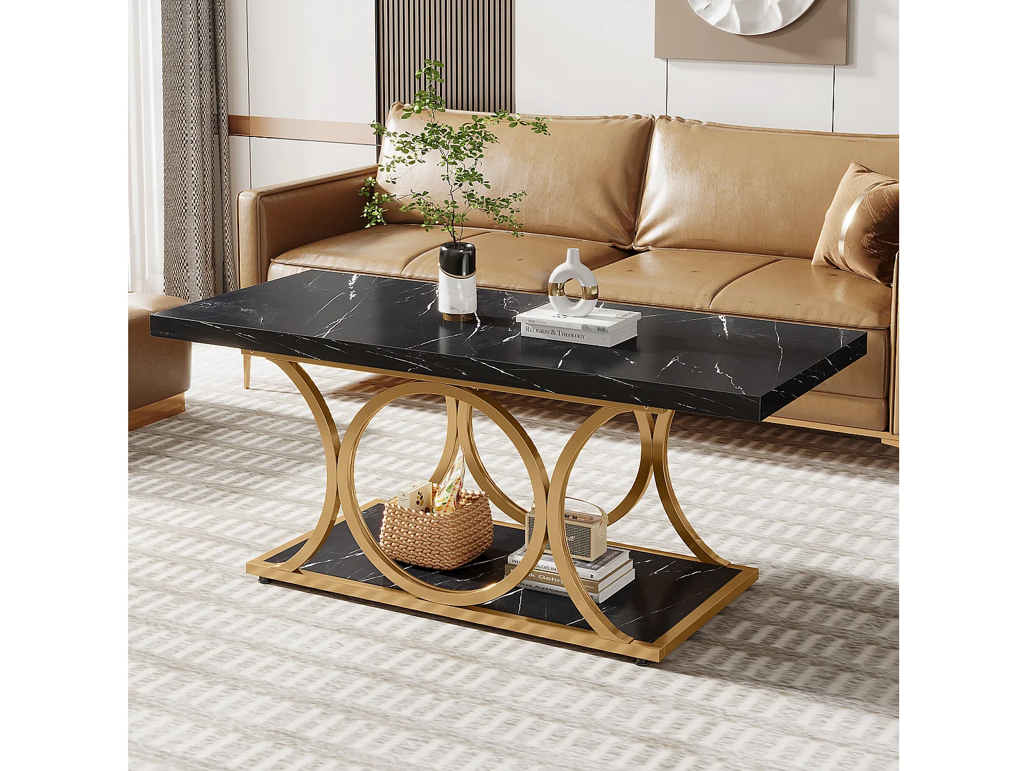 Table basse rectangulaire, table basse moderne de 120 cm pour le salon, table basse à 2 étages en bois de faux marbre avec pieds métalliques géométriques