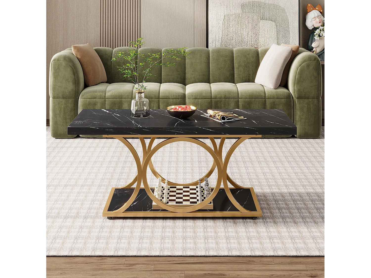 Table basse rectangulaire, table basse moderne de 120 cm pour le salon, table basse à 2 étages en bois de faux marbre avec pieds métalliques géométriques