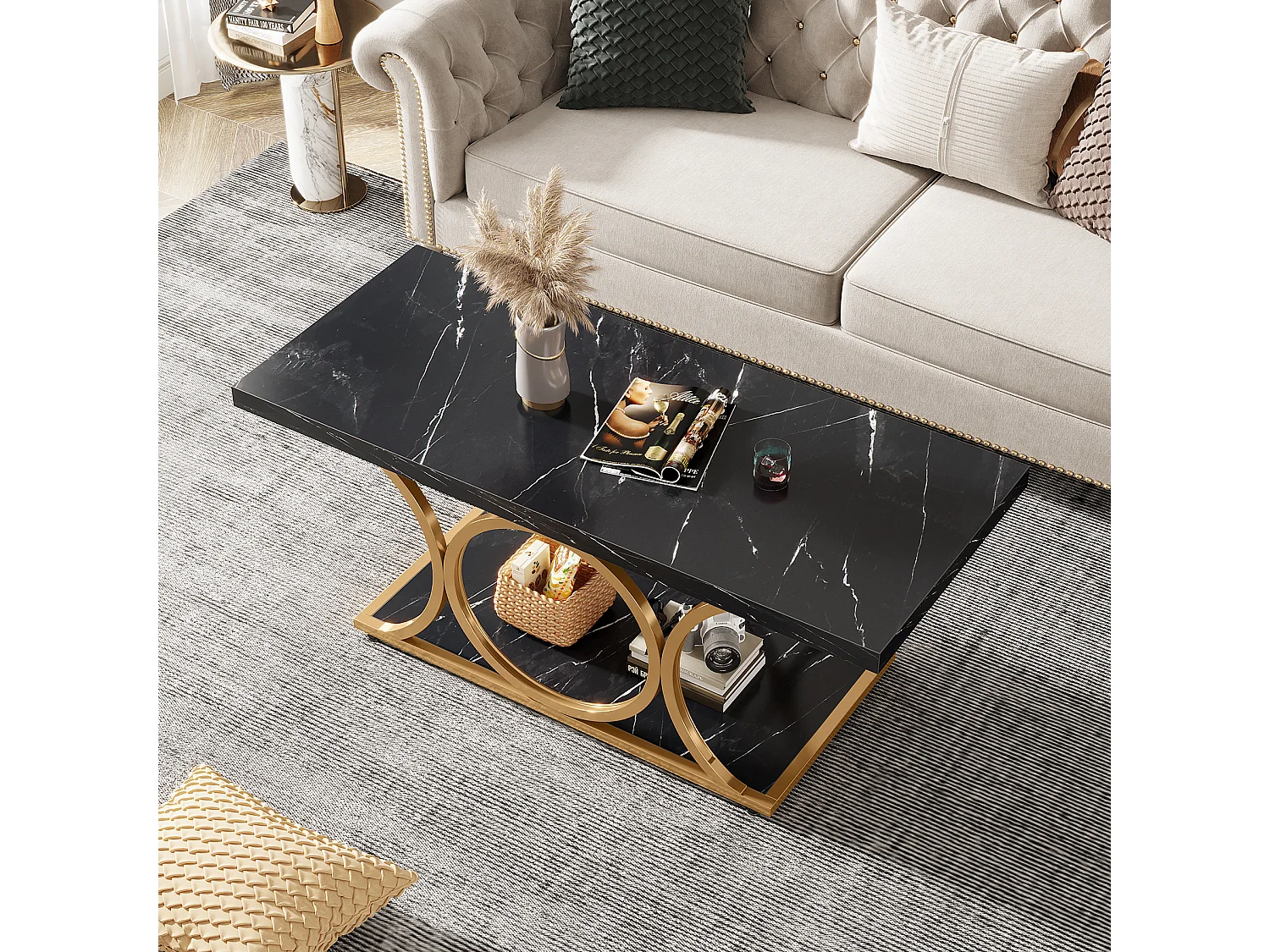 Table basse rectangulaire, table basse moderne de 120 cm pour le salon, table basse à 2 étages en bois de faux marbre avec pieds métalliques géométriques