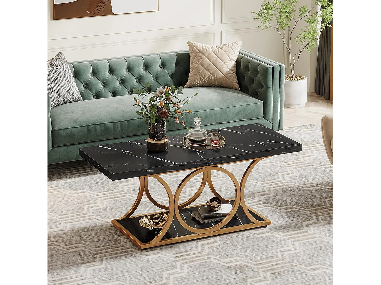 Table basse rectangulaire, table basse moderne de 120 cm pour le salon, table basse à 2 étages en bois de faux marbre avec pieds métalliques géométriques