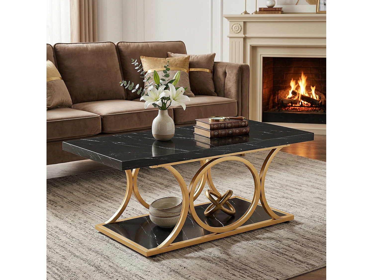 Table basse rectangulaire, table basse moderne de 120 cm pour le salon, table basse à 2 étages en bois de faux marbre avec pieds métalliques géométriques