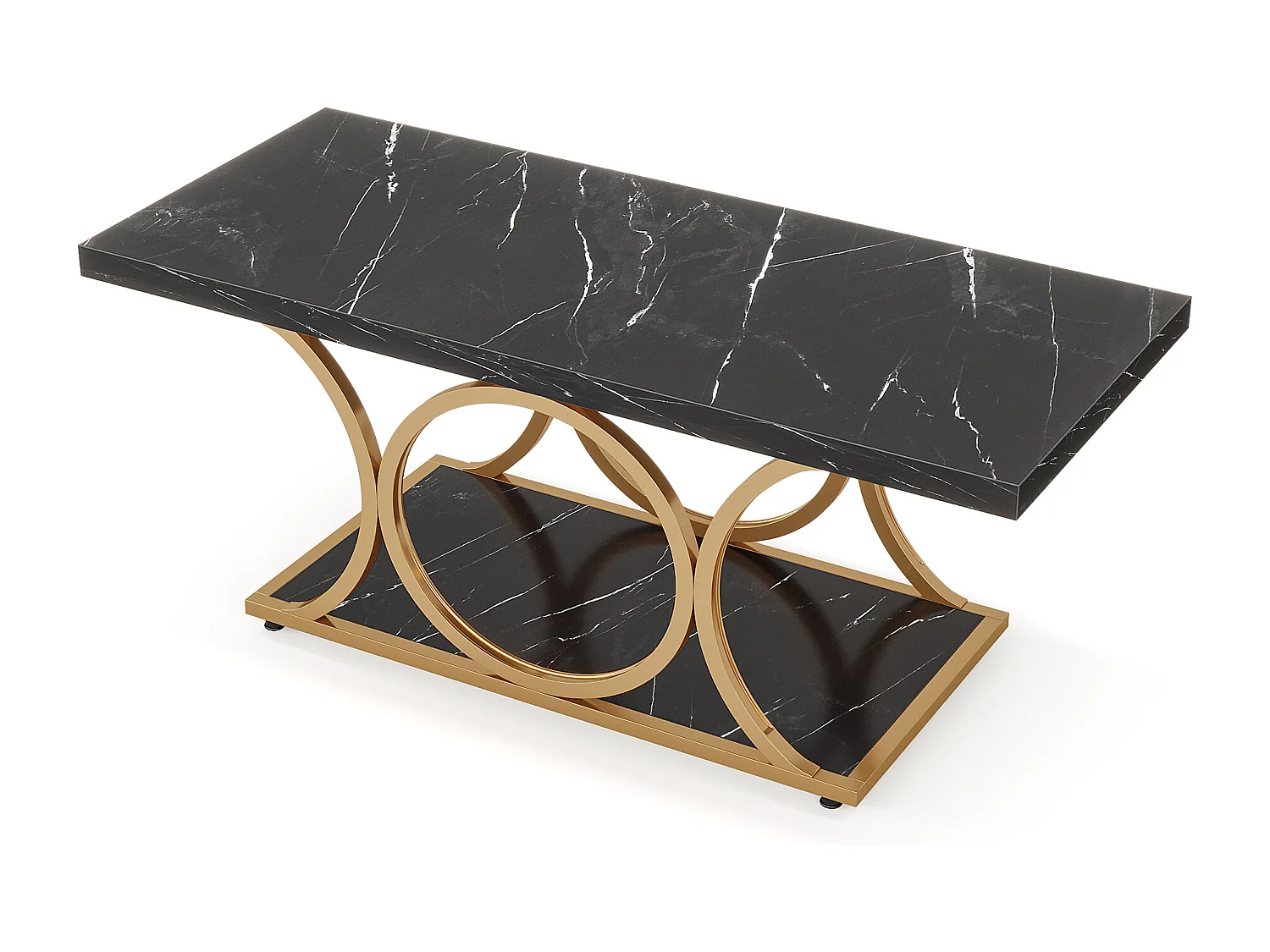 Table basse rectangulaire, table basse moderne de 120 cm pour le salon, table basse à 2 étages en bois de faux marbre avec pieds métalliques géométriques