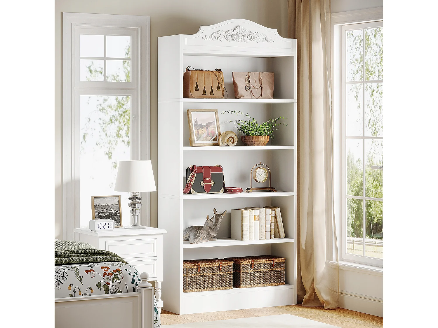 190 cm gebogen boekenkast met opbergplanken, grote witte open boekenkast, houten displayplanken, thuiskantoor