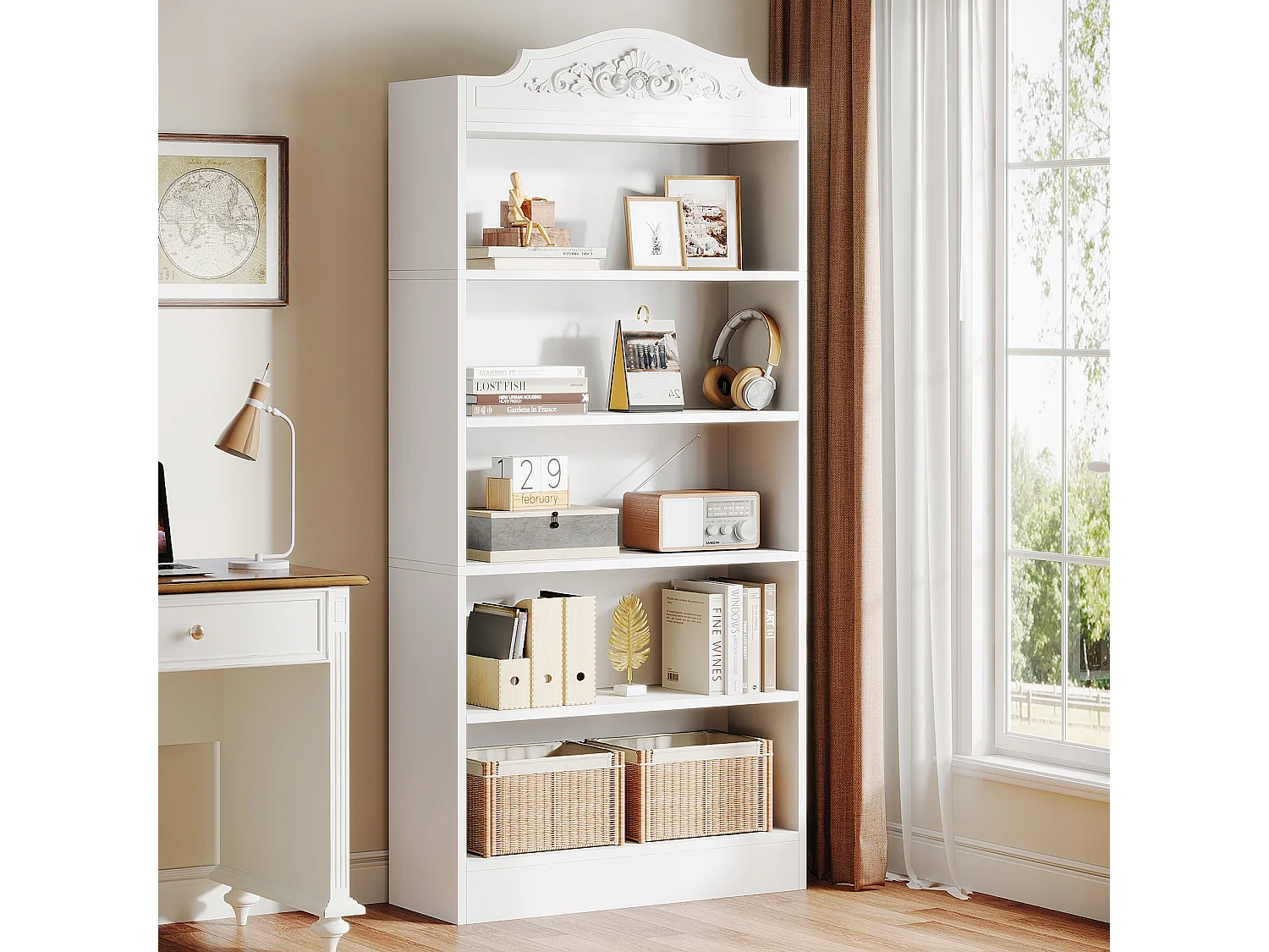 190 cm gebogen boekenkast met opbergplanken, grote witte open boekenkast, houten displayplanken, thuiskantoor
