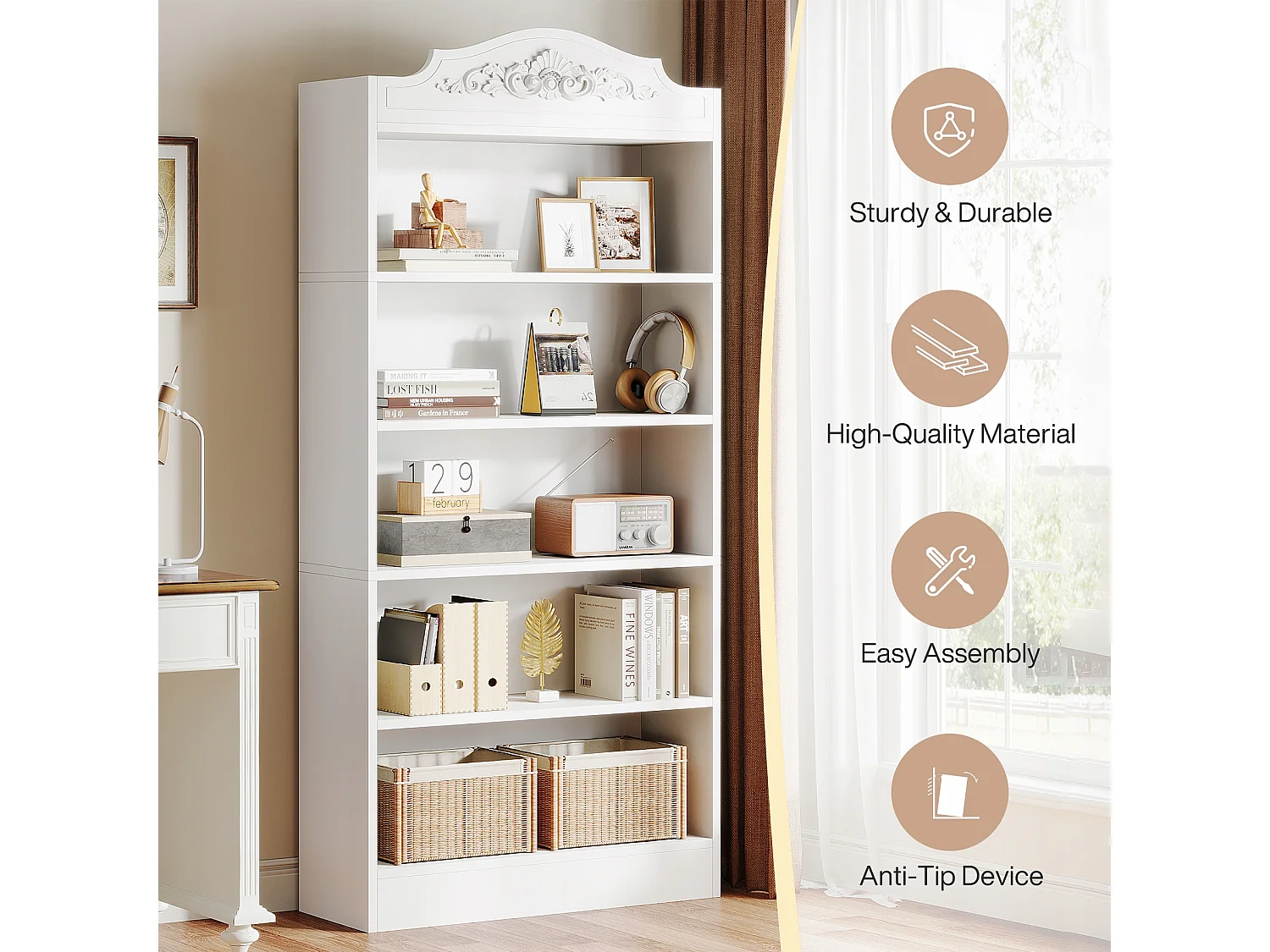 190 cm gebogen boekenkast met opbergplanken, grote witte open boekenkast, houten displayplanken, thuiskantoor