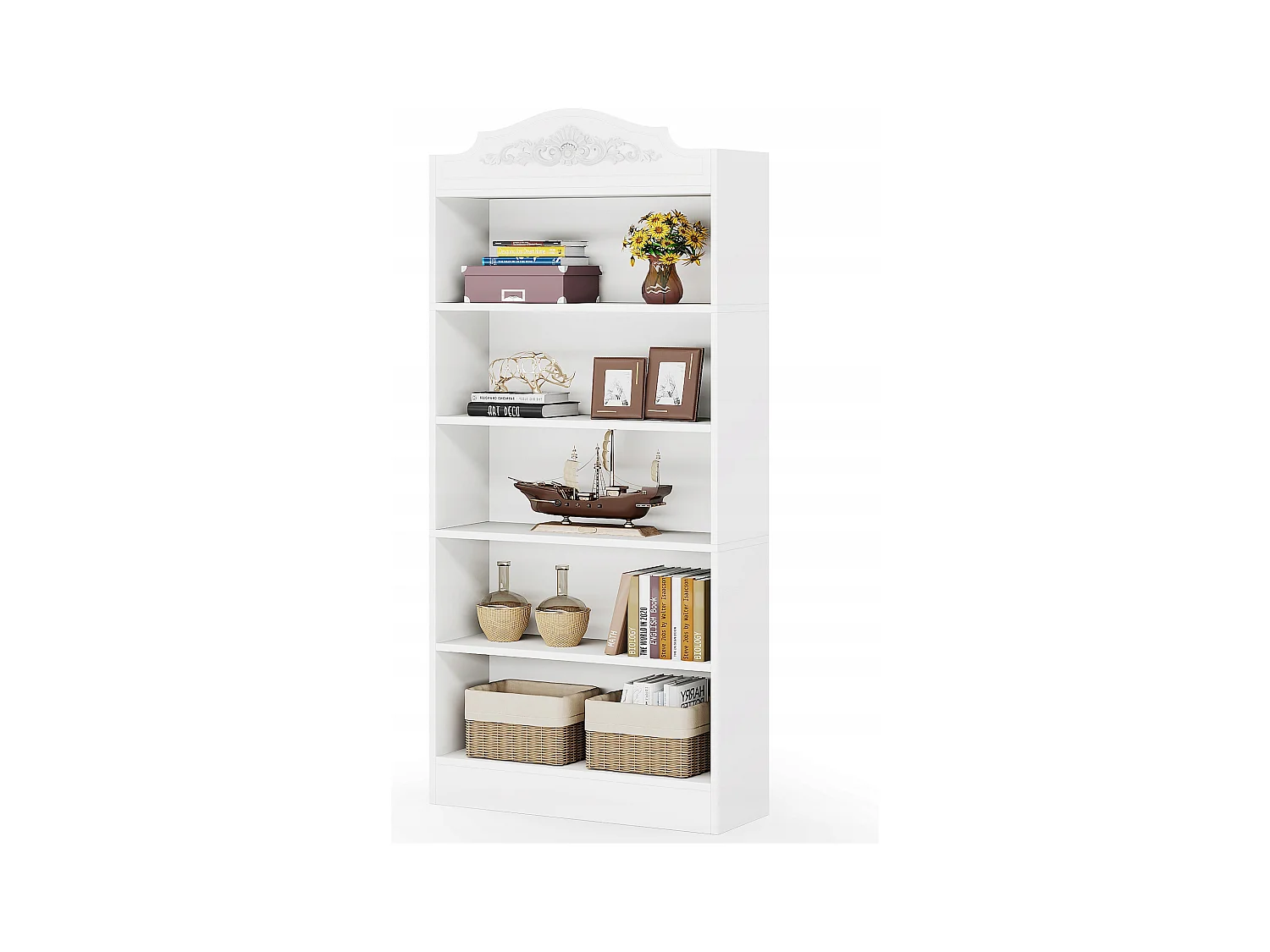Bibliothèque Arquée de 190 cm, avec Étagères de Rangement, Grande Bibliothèque Ouverte Blanche, Étagères d'Affichage Bois, Bureau à Domicile