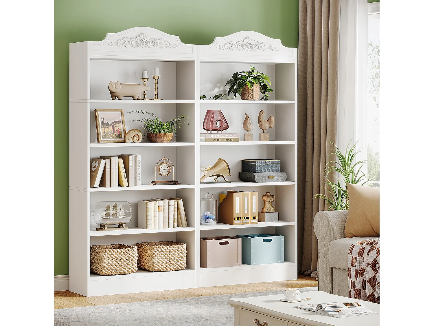 Bibliothèque Arquée de 190 cm, avec Étagères de Rangement, Grande Bibliothèque Ouverte Blanche, Étagères d'Affichage Bois, Bureau à Domicile