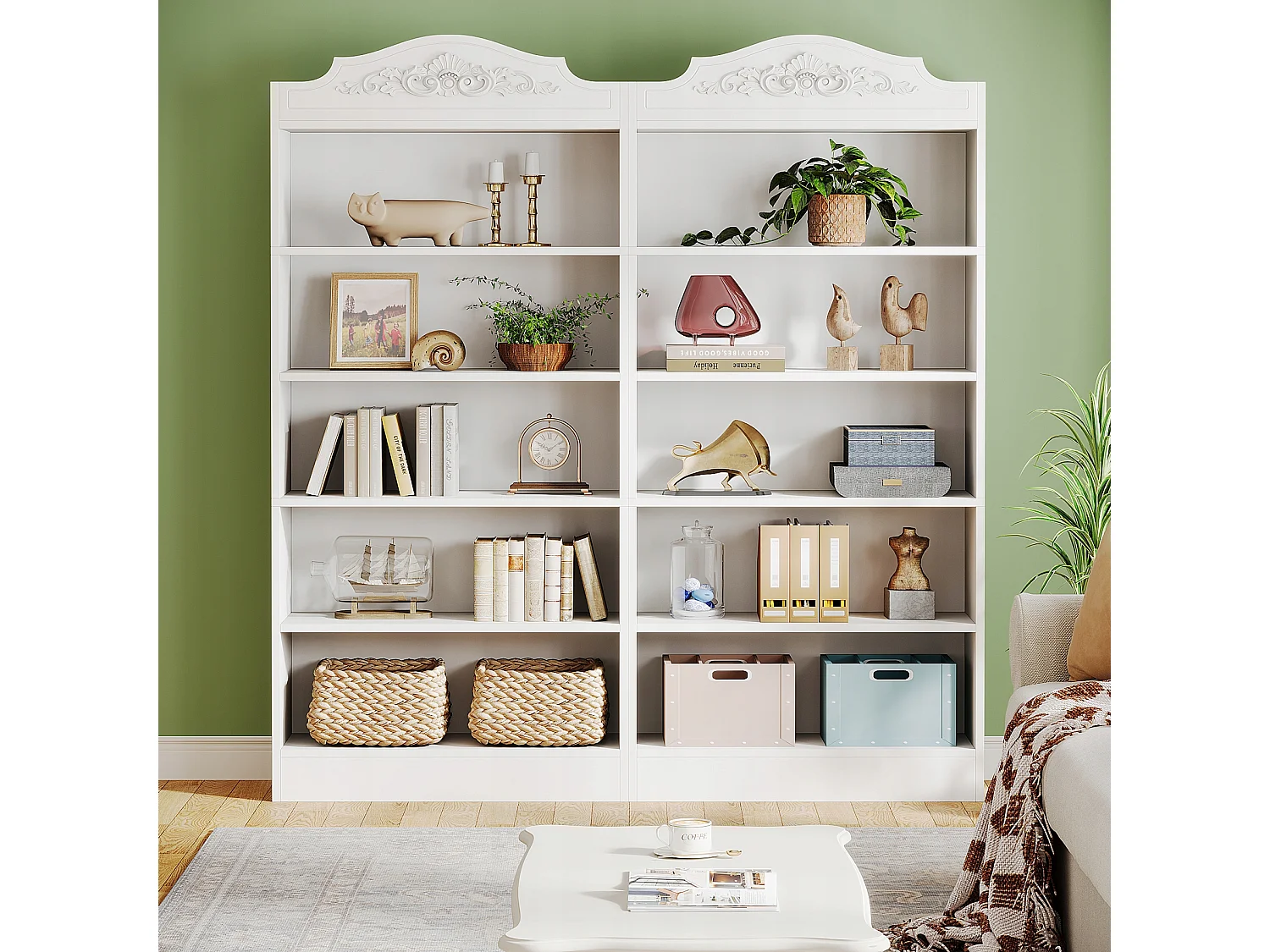 Bibliothèque Arquée de 190 cm, avec Étagères de Rangement, Grande Bibliothèque Ouverte Blanche, Étagères d'Affichage Bois, Bureau à Domicile