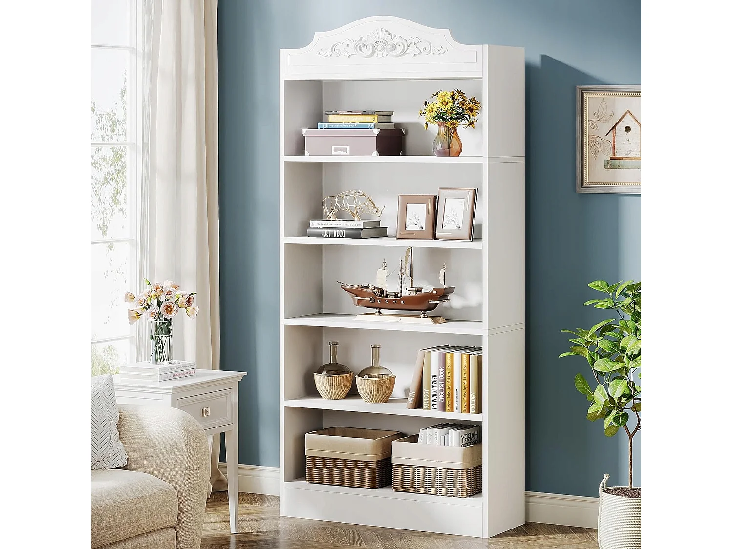 Bibliothèque Arquée de 190 cm, avec Étagères de Rangement, Grande Bibliothèque Ouverte Blanche, Étagères d'Affichage Bois, Bureau à Domicile