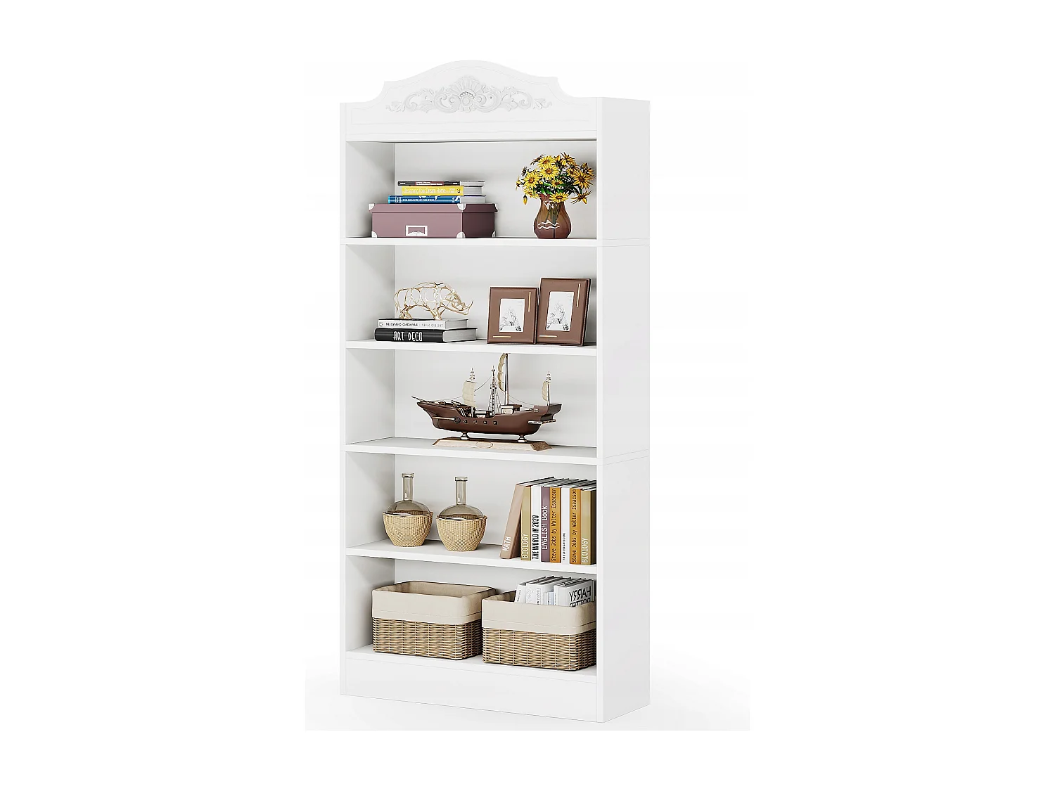 Bibliothèque Arquée de 190 cm, avec Étagères de Rangement, Grande Bibliothèque Ouverte Blanche, Étagères d'Affichage Bois, Bureau à Domicile