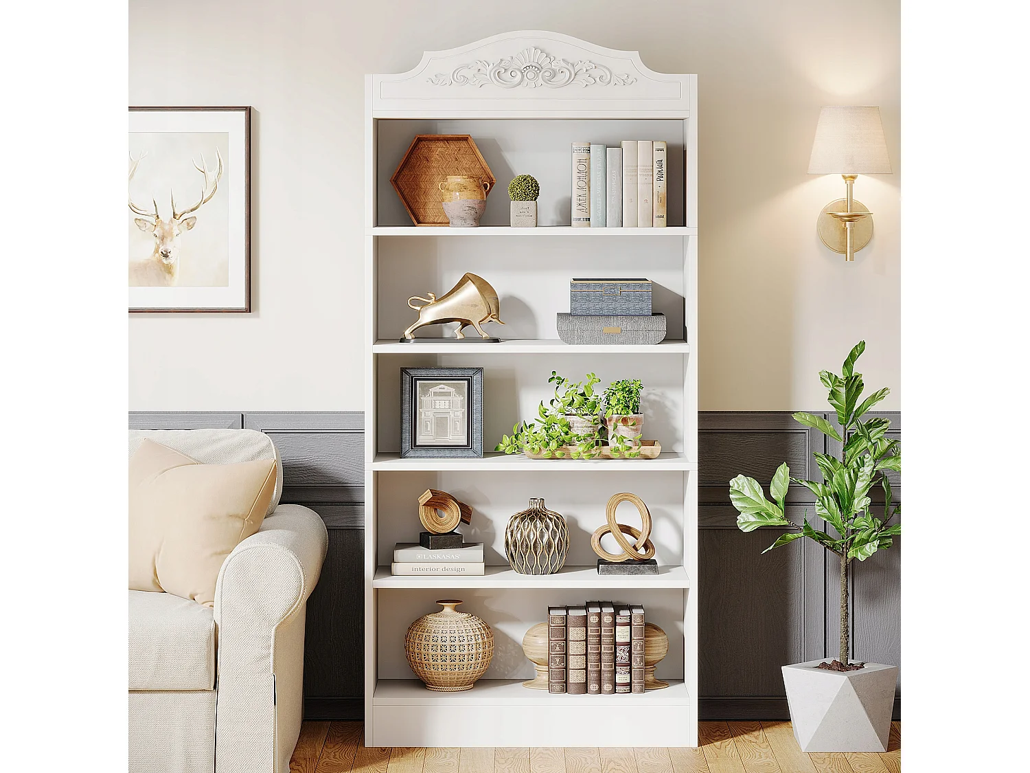 Bibliothèque Arquée de 190 cm, avec Étagères de Rangement, Grande Bibliothèque Ouverte Blanche, Étagères d'Affichage Bois, Bureau à Domicile