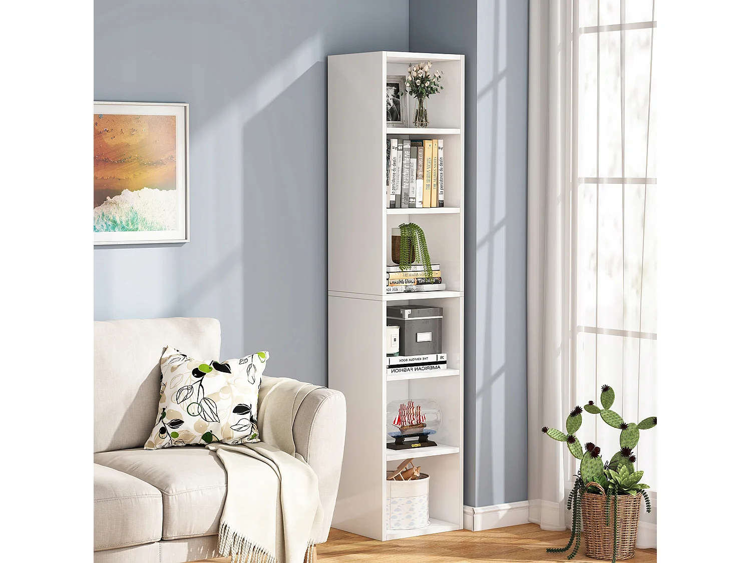 Tribesigns 180cm hoge smalle boekenkast - modern - wit - met opbergruimte - 6 kubusplanken - voor thuis en op kantoor