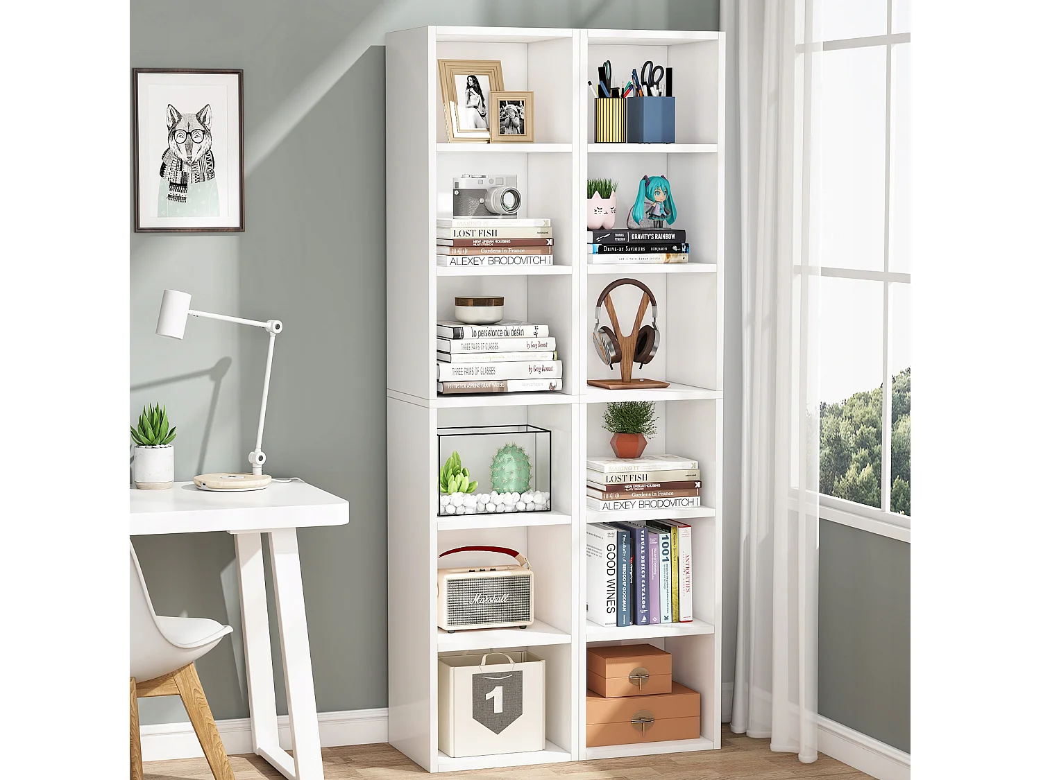 Tribesigns 180cm hoge smalle boekenkast - modern - wit - met opbergruimte - 6 kubusplanken - voor thuis en op kantoor