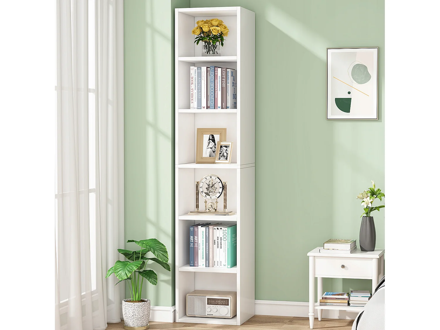 Tribesigns 180cm hoge smalle boekenkast - modern - wit - met opbergruimte - 6 kubusplanken - voor thuis en op kantoor