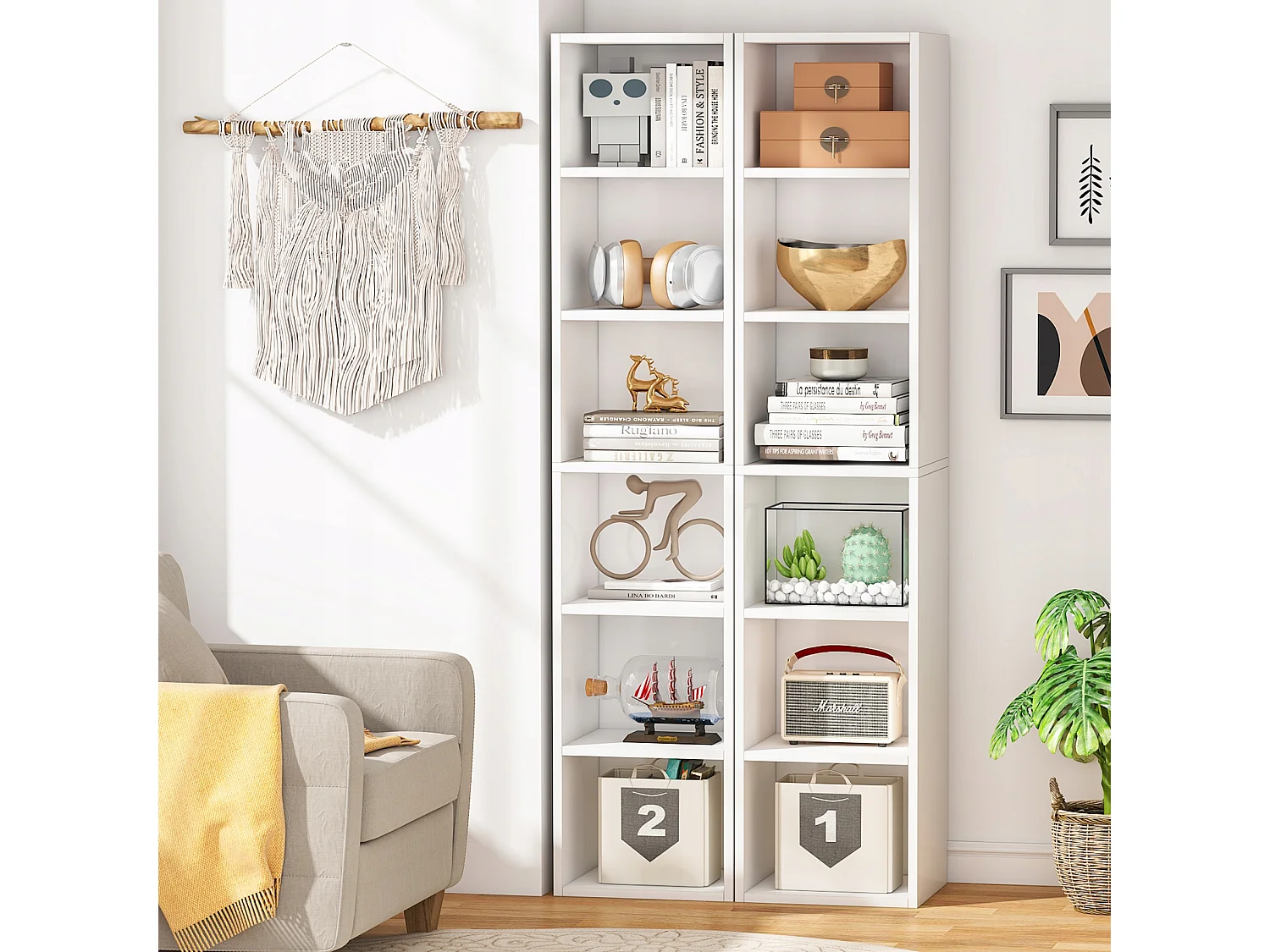 Tribesigns 180cm hoge smalle boekenkast - modern - wit - met opbergruimte - 6 kubusplanken - voor thuis en op kantoor