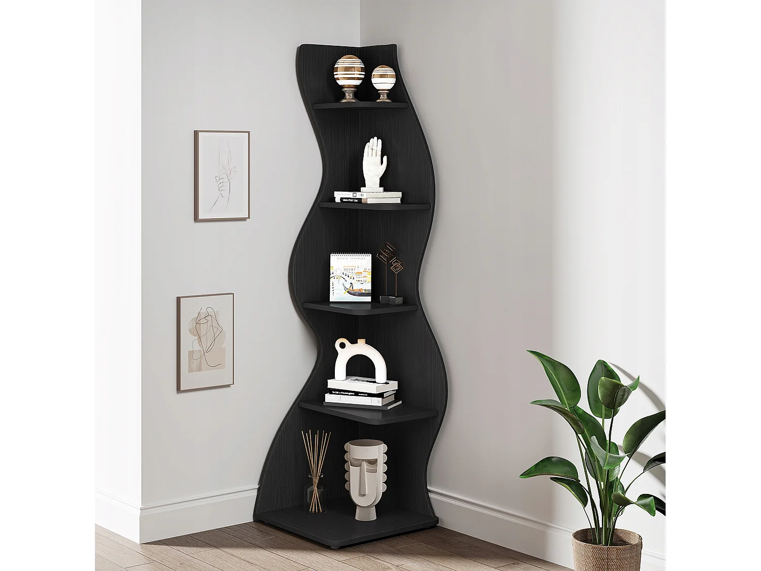 Petite bibliothèque d'angle élégante -Étagère d'angle moderne à 5 niveaux - Forme unique pour salon, bureau à domicile - Noir