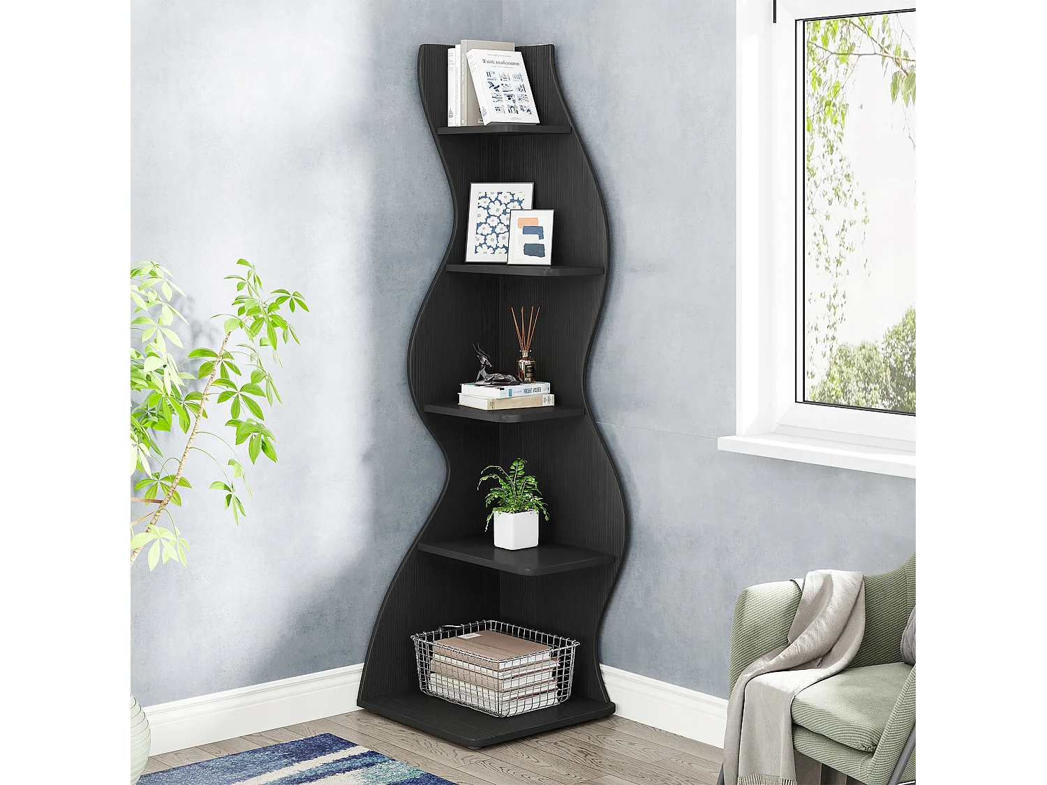 Petite bibliothèque d'angle élégante -Étagère d'angle moderne à 5 niveaux - Forme unique pour salon, bureau à domicile - Noir