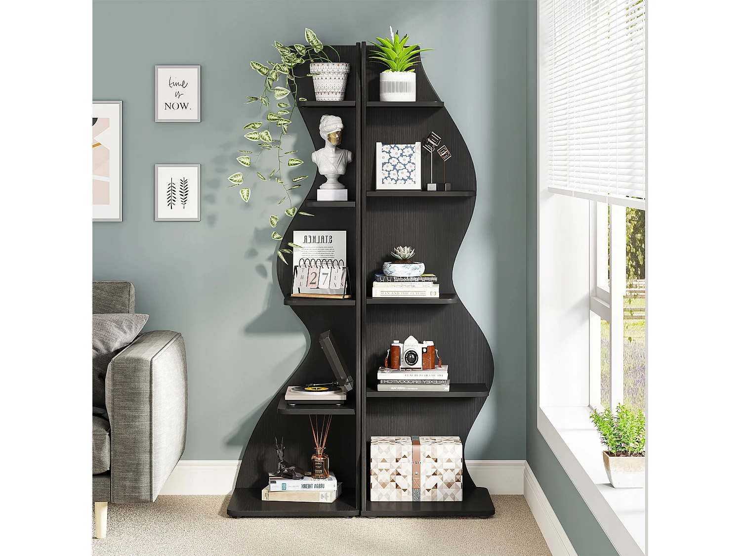 Petite bibliothèque d'angle élégante -Étagère d'angle moderne à 5 niveaux - Forme unique pour salon, bureau à domicile - Noir