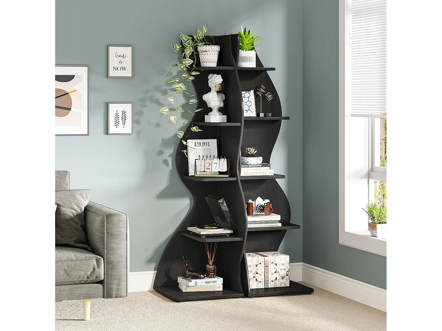 Petite bibliothèque d'angle élégante -Étagère d'angle moderne à 5 niveaux - Forme unique pour salon, bureau à domicile - Noir