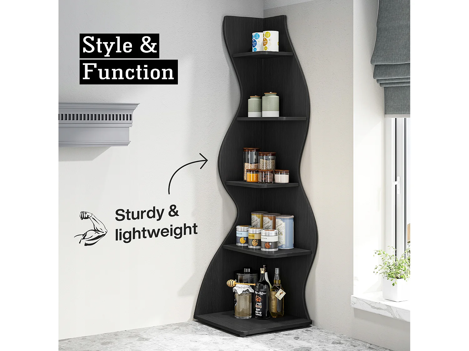 Petite bibliothèque d'angle élégante -Étagère d'angle moderne à 5 niveaux - Forme unique pour salon, bureau à domicile - Noir