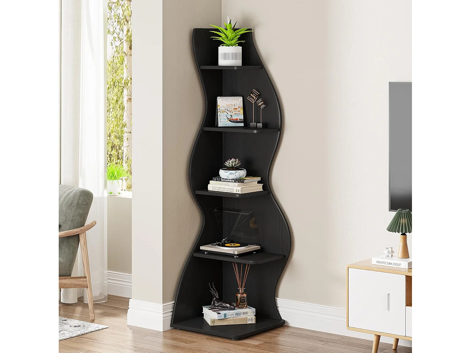 Petite bibliothèque d'angle élégante -Étagère d'angle moderne à 5 niveaux - Forme unique pour salon, bureau à domicile - Noir