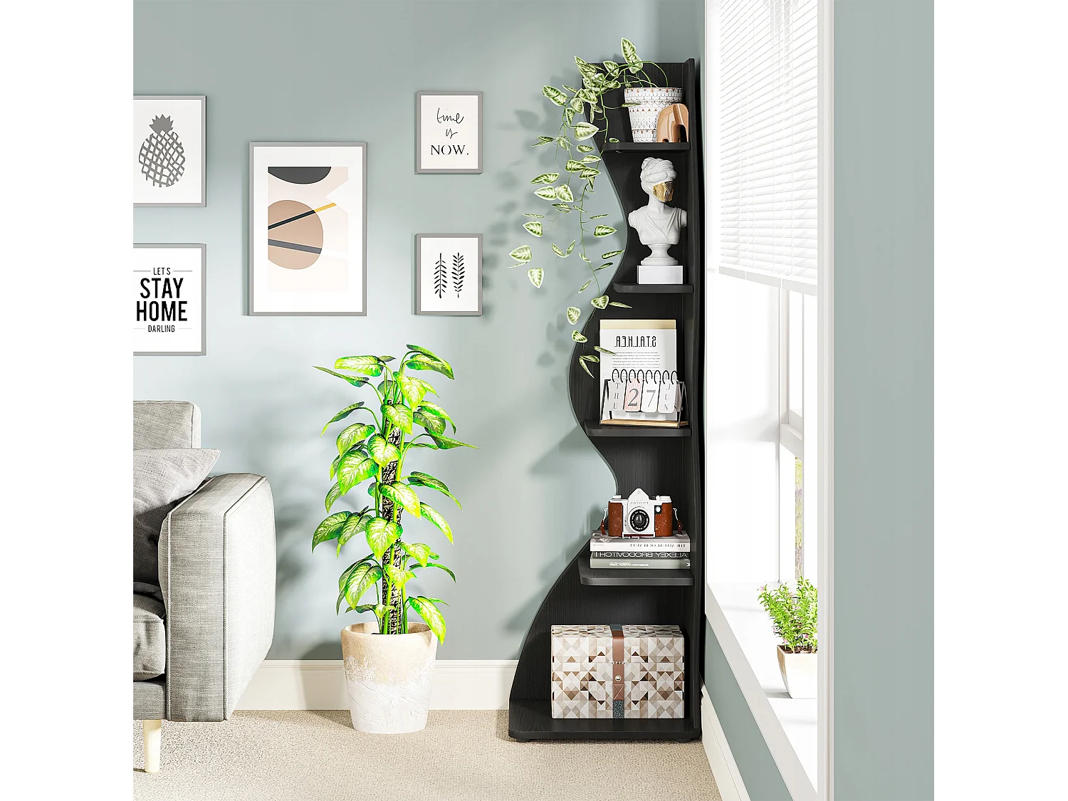 Petite bibliothèque d'angle élégante -Étagère d'angle moderne à 5 niveaux - Forme unique pour salon, bureau à domicile - Noir