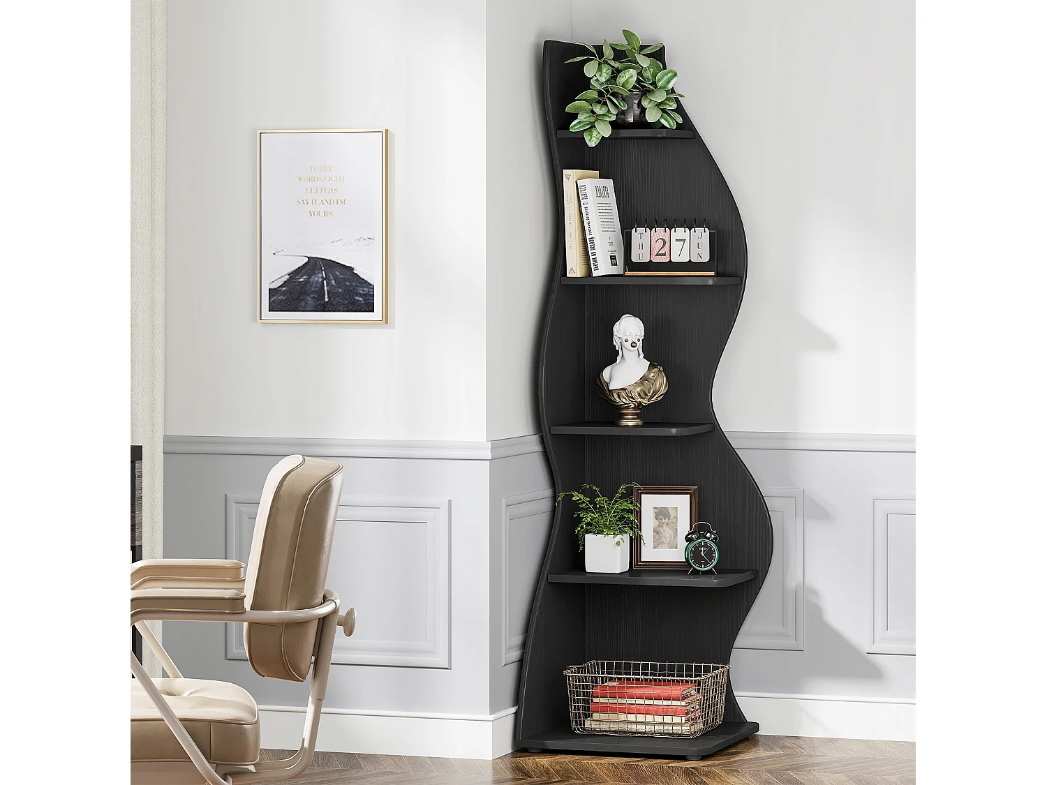 Petite bibliothèque d'angle élégante -Étagère d'angle moderne à 5 niveaux - Forme unique pour salon, bureau à domicile - Noir