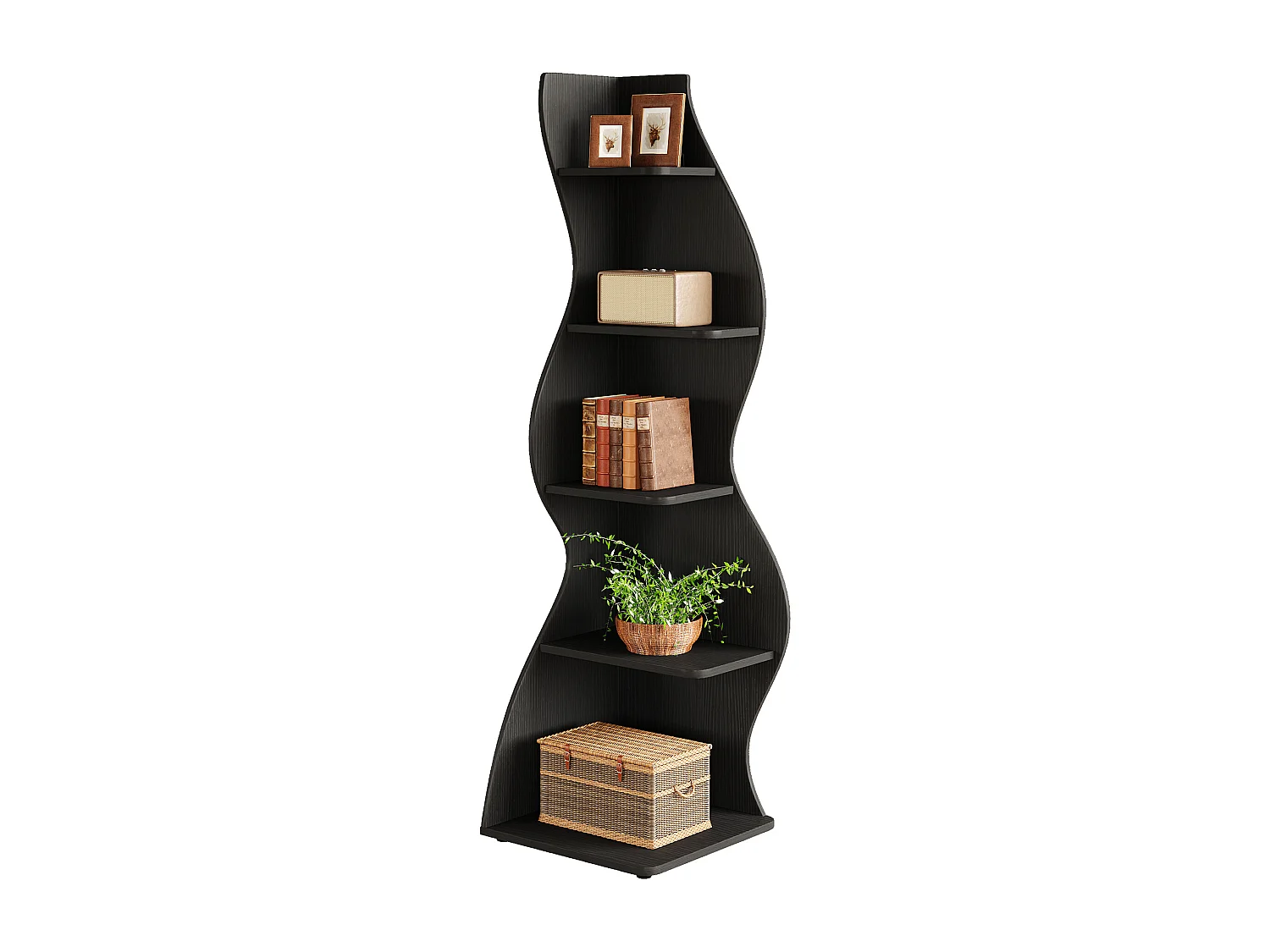Stijlvolle kleine hoekboekenkast - moderne hoekplank met 5 niveaus - unieke vorm voor woonkamer, thuiskantoor - zwart