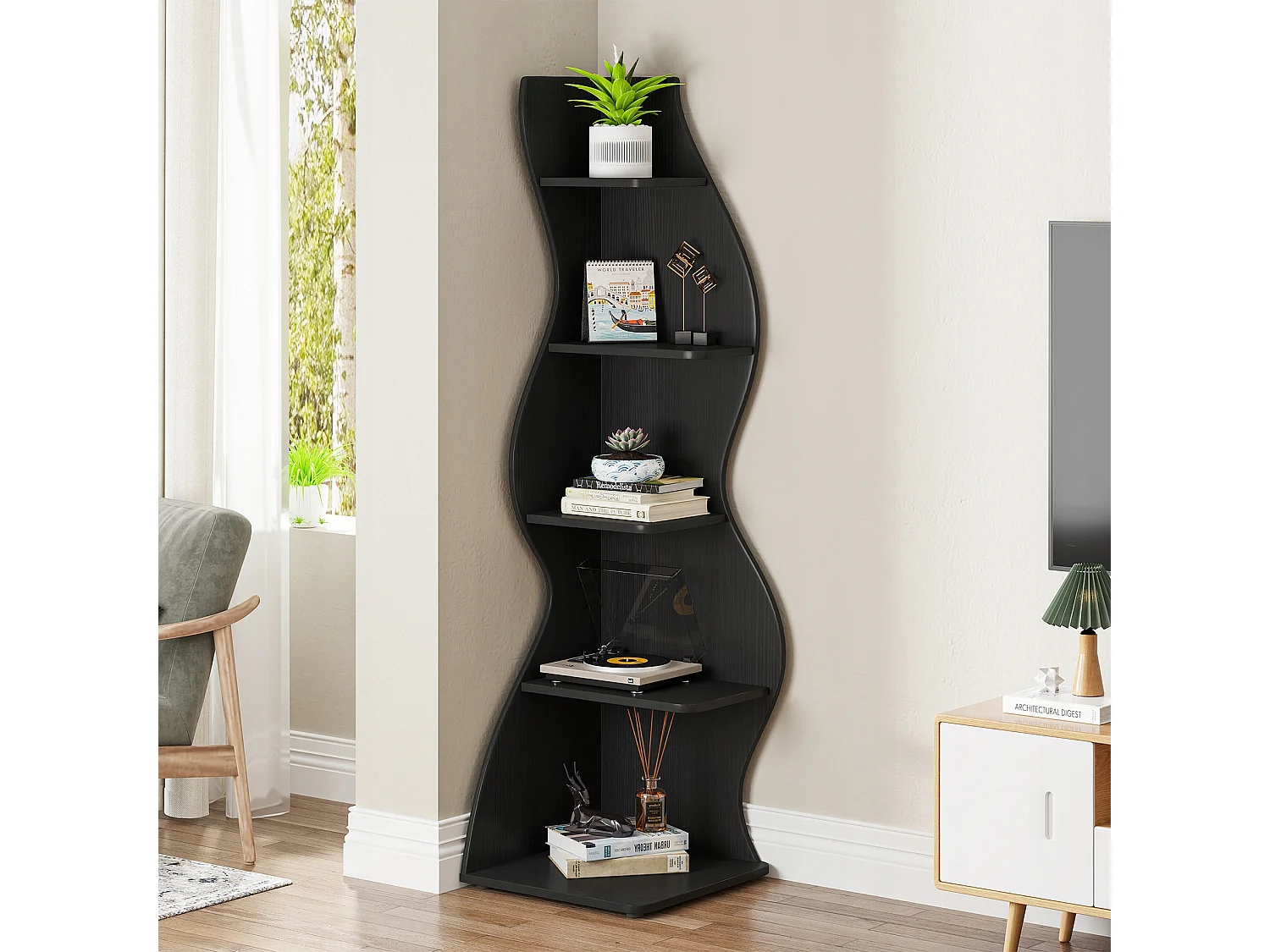 Stijlvolle kleine hoekboekenkast - moderne hoekplank met 5 niveaus - unieke vorm voor woonkamer, thuiskantoor - zwart