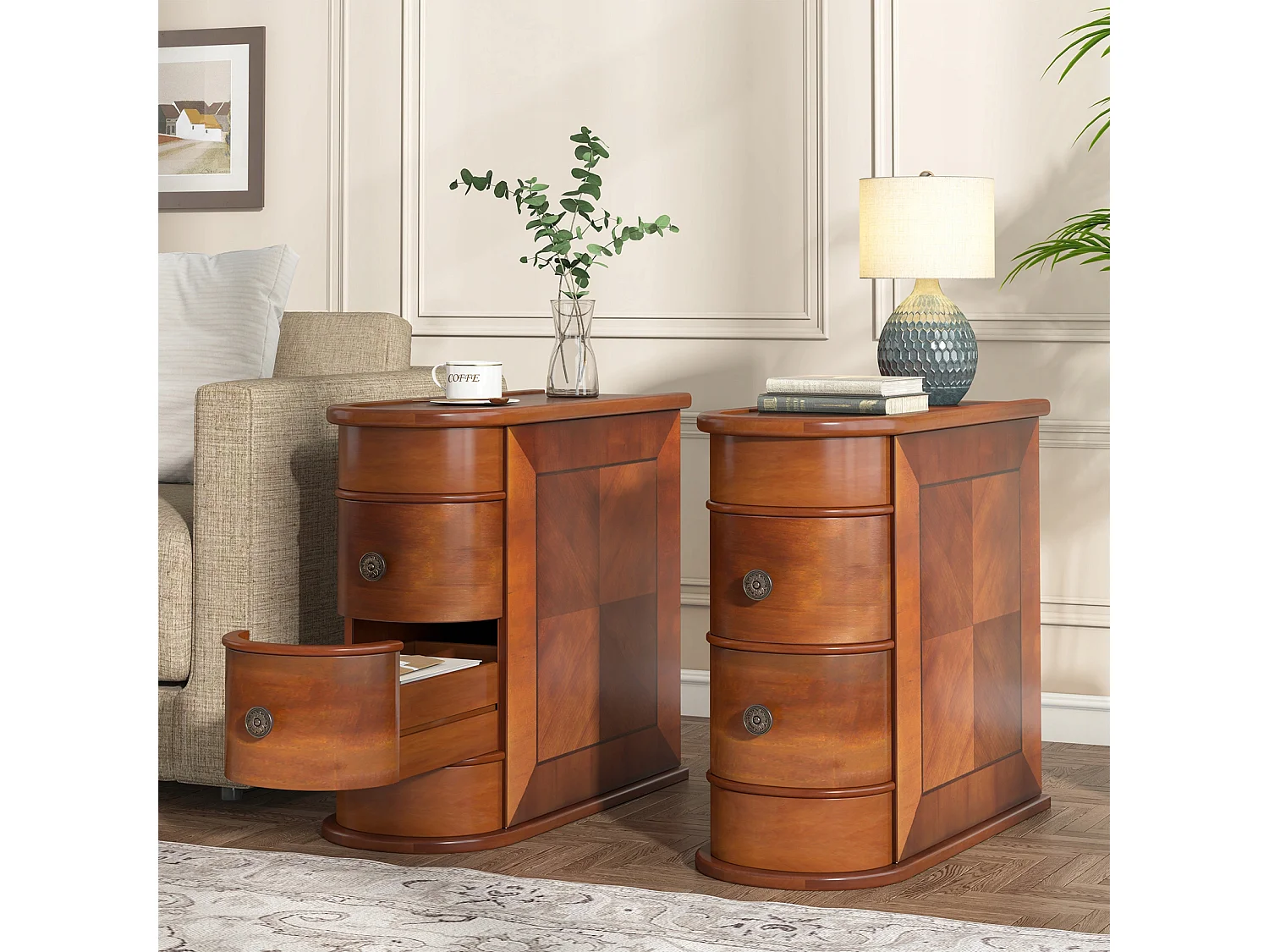 Table d'Appoint étroite en Bois, 2 Tiroirs, Bouts de Canapé de Salon, Table de Chevet Design pour Chambre, Pas de Montage Nécessaire, Noyer