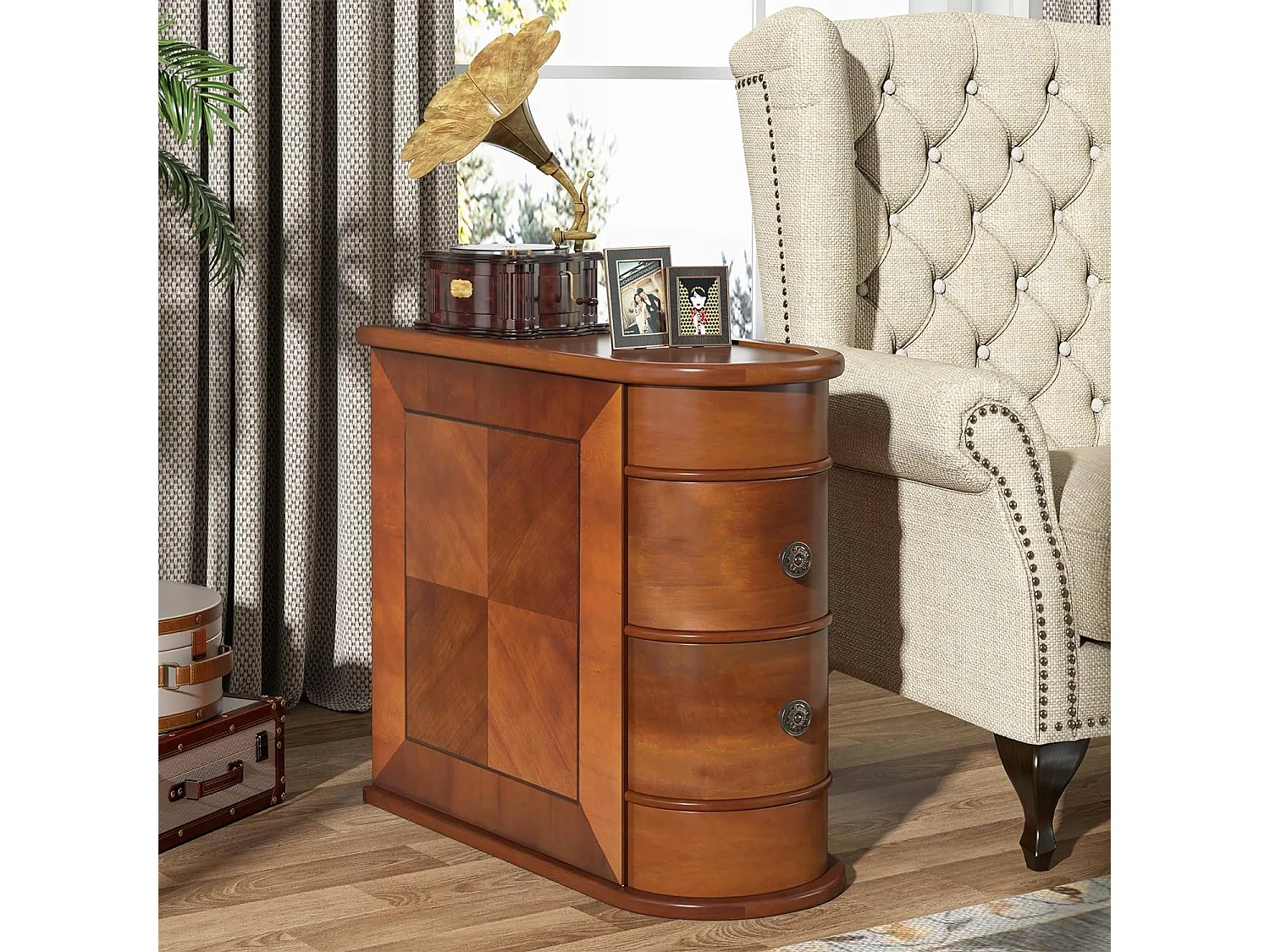 Tribesigns Mesa de apoio estreita em madeira, 2 gavetas, mesas de canto para sofá de sala, mesa de cabeceira de designer para quarto, sem necessidade de montagem, nogueira