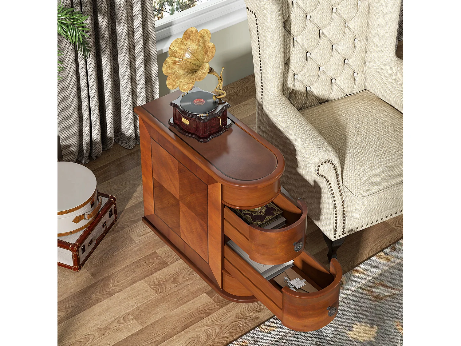 Tribesigns Mesa de apoio estreita em madeira, 2 gavetas, mesas de canto para sofá de sala, mesa de cabeceira de designer para quarto, sem necessidade de montagem, nogueira